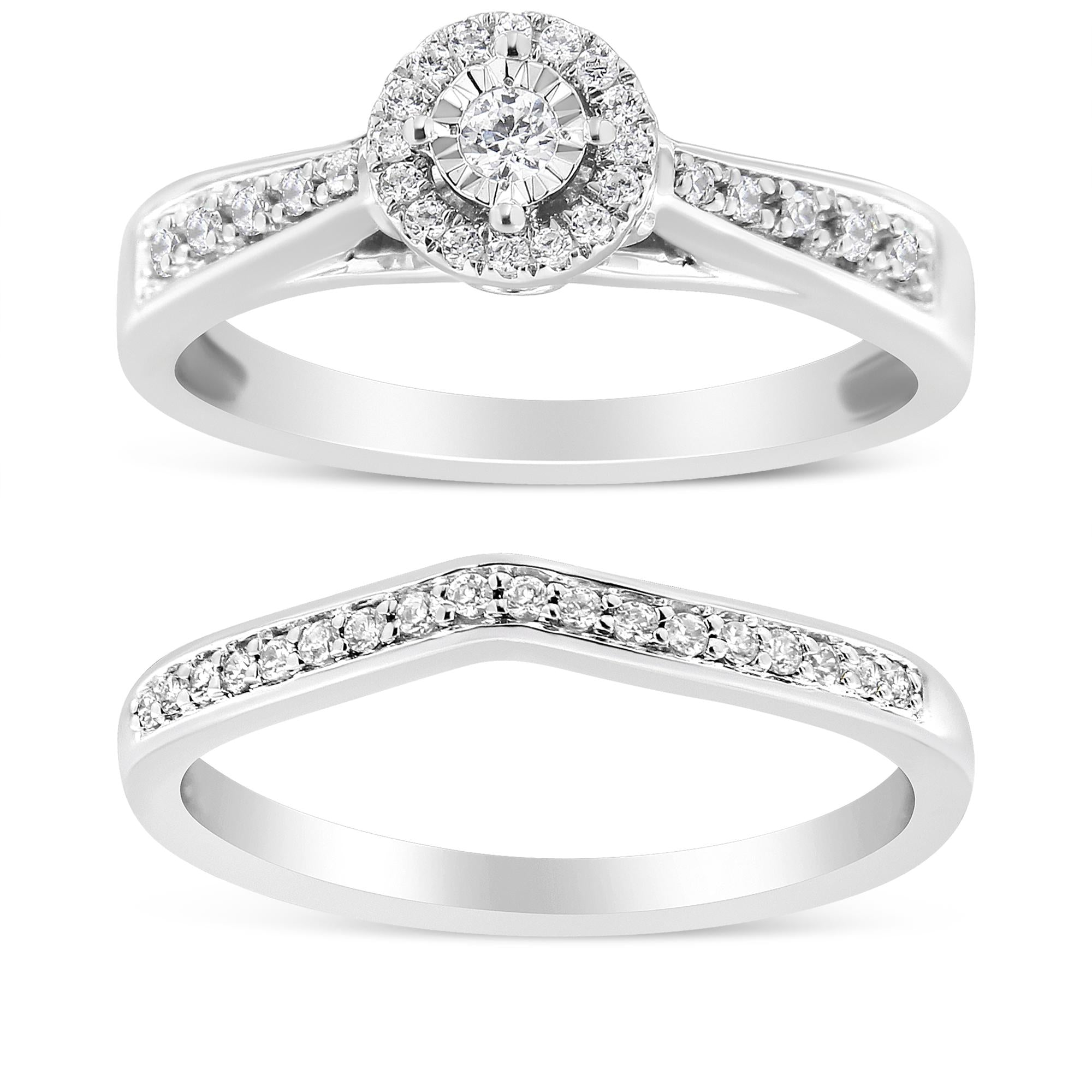 .925 Sterling Silver 1/3 Cttw Diamond Halo and Pave Shank Engagement Ring Set (I-J Color, I3 Clarity) - Friggin Jewelry