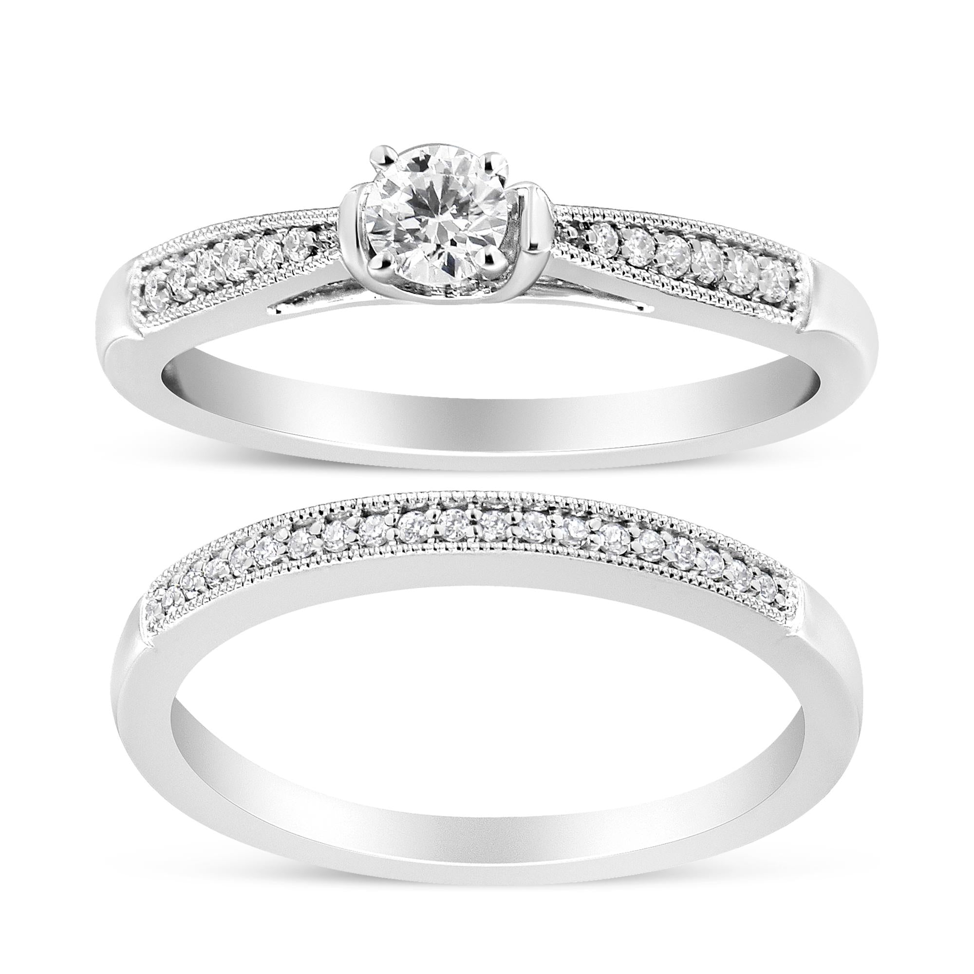 .925 Sterling Silver 1/3 Cttw Diamond Classic Engagement Ring Bridal Set with Milgrain (I-J Color, I3 Clarity) - Friggin Jewelry