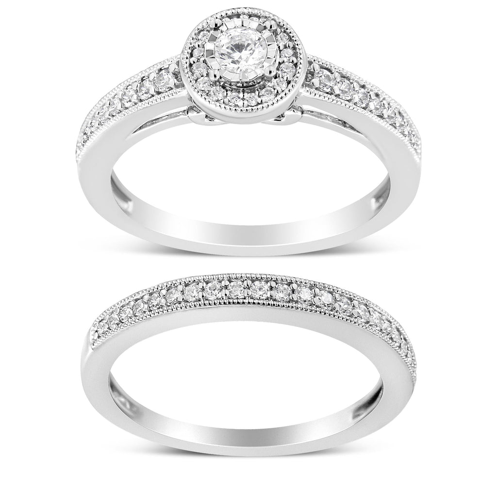 .925 Sterling Silver 1/2 Ctw Diamond Halo and Milgrain Engagement Ring Bridal Set (I-J Color, I3 Clarity) - Friggin Jewelry