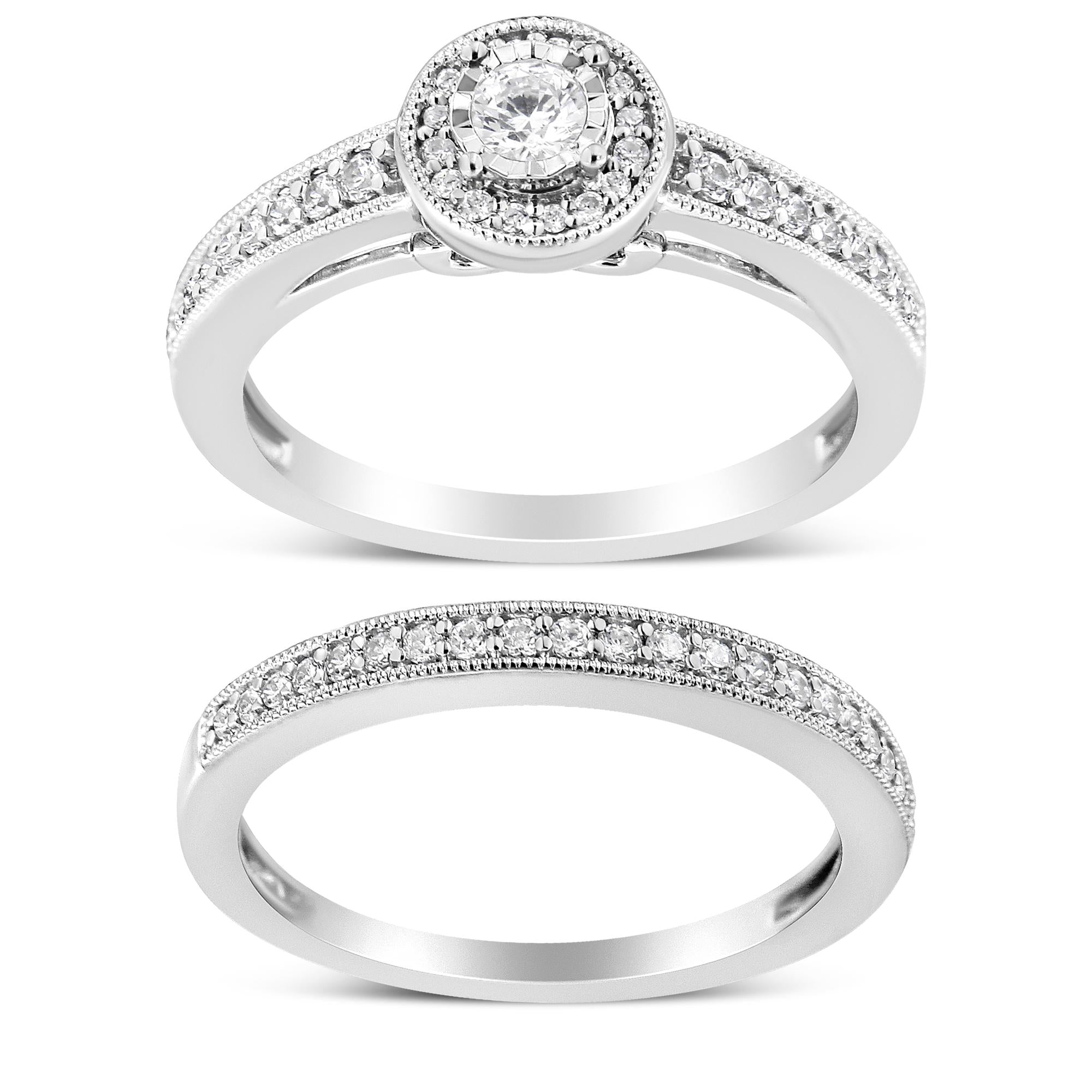.925 Sterling Silver 1/2 Ctw Diamond Halo and Milgrain Engagement Ring Bridal Set (I-J Color, I3 Clarity) - Friggin Jewelry