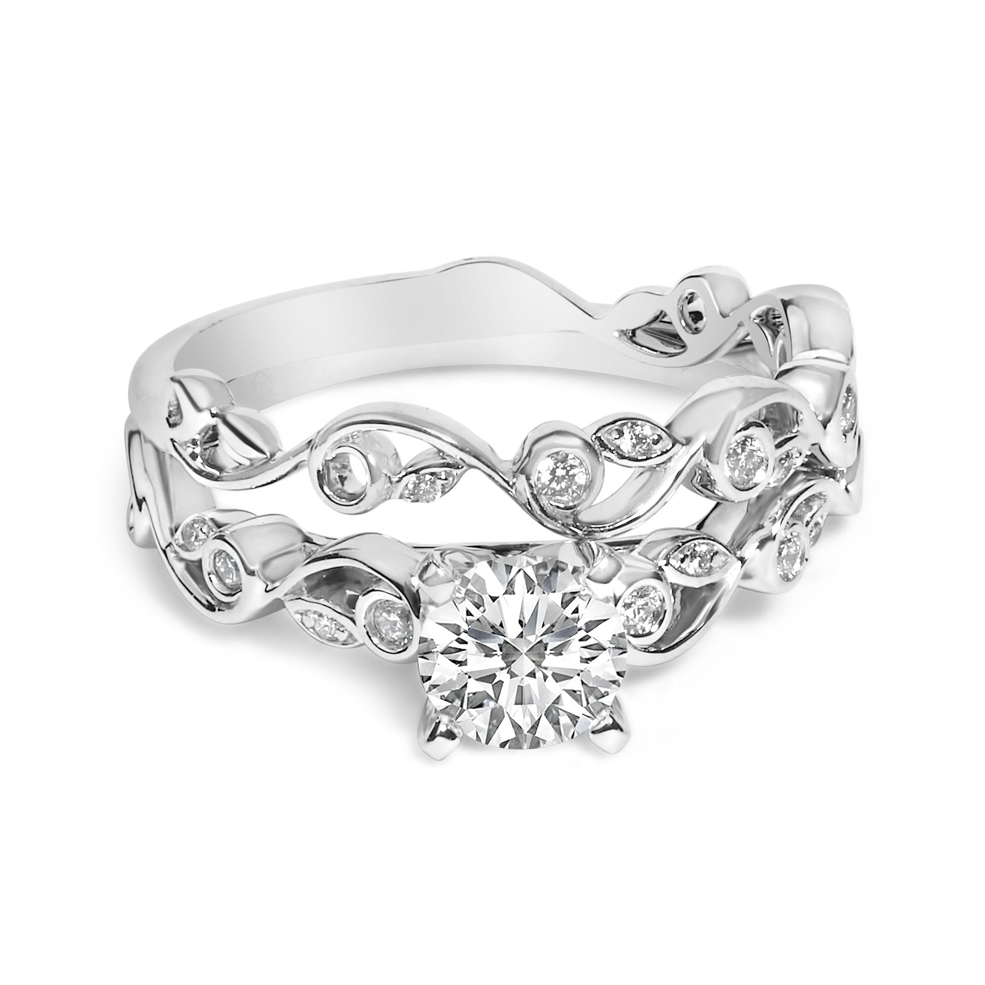 14K White Gold Lab Grown Diamond 1.0 Cttw Vintage Style Engagement Ring and Band Set - Friggin Jewelry