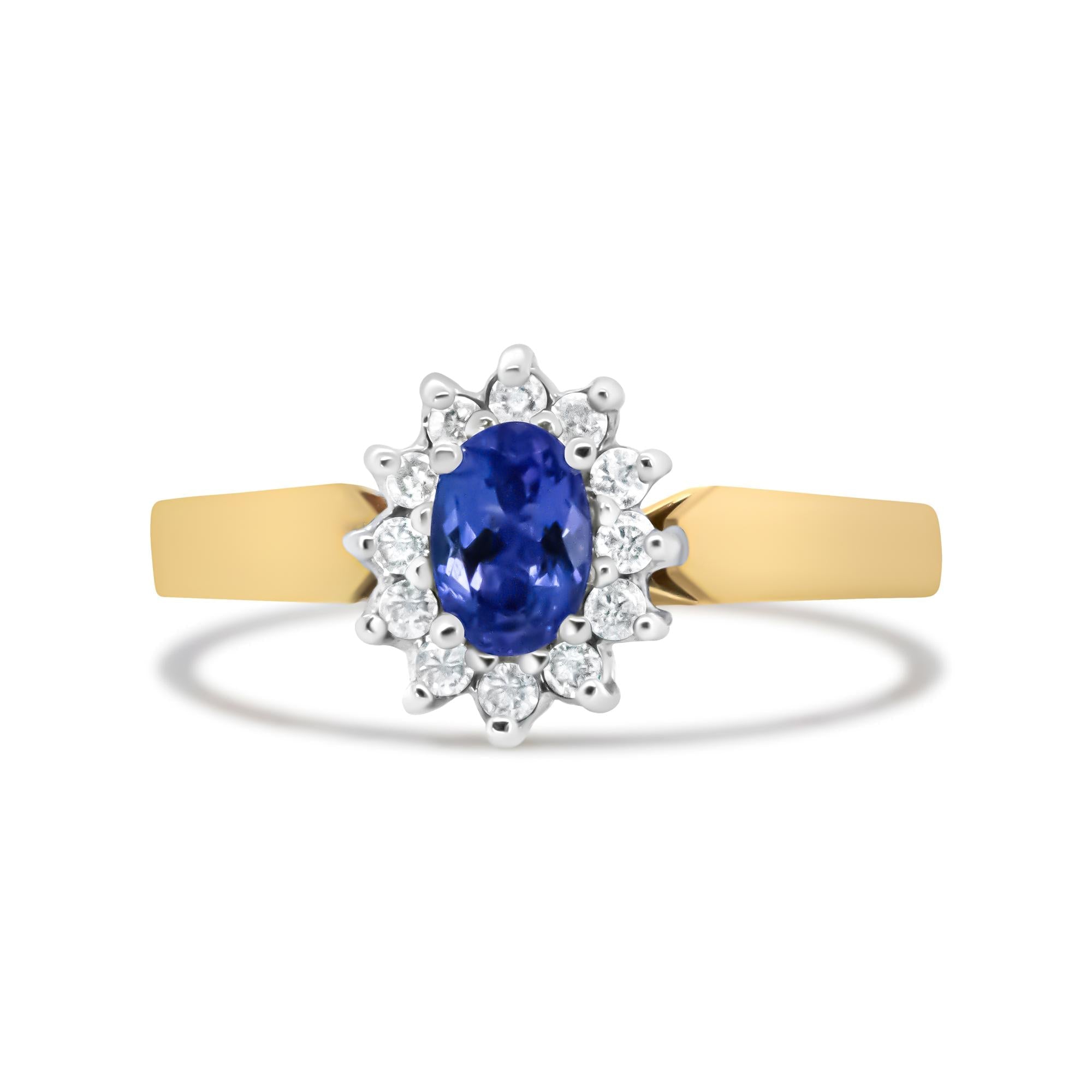 14K Yellow Gold 1/5 Cttw Round Diamond and 6x4mm Oval Blue Tanzanite Halo Ring (H-I Color, I1-I2 Clarity) - Friggin Jewelry