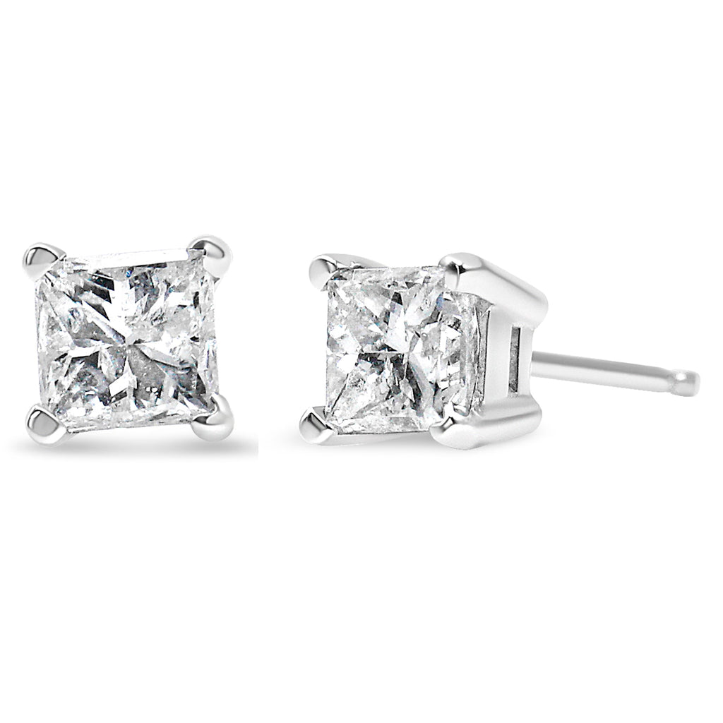 AGS Certified Princess-Cut Square Diamond 4-Prong Solitaire Stud Earrings in 14K Gold (J-K Color, I1-I2 Clarity) - Friggin Jewelry Premium