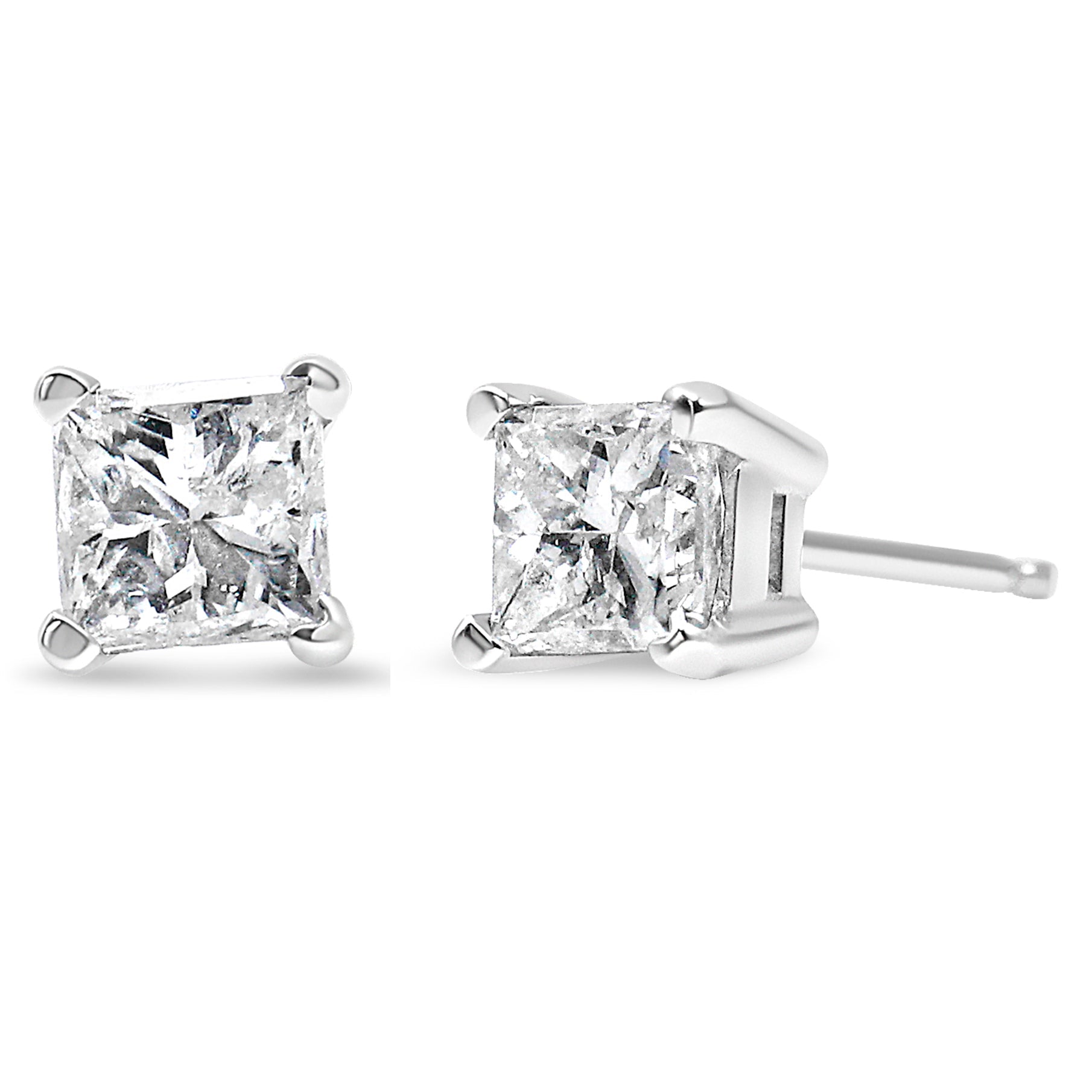 Orecchini a bottone classici a 4 punte con solitario in oro bianco 14 carati, 1,00 ct, con diamanti quadrati taglio principessa quasi incolori (colore GH, purezza SI1-SI2) - Friggin Jewelry
