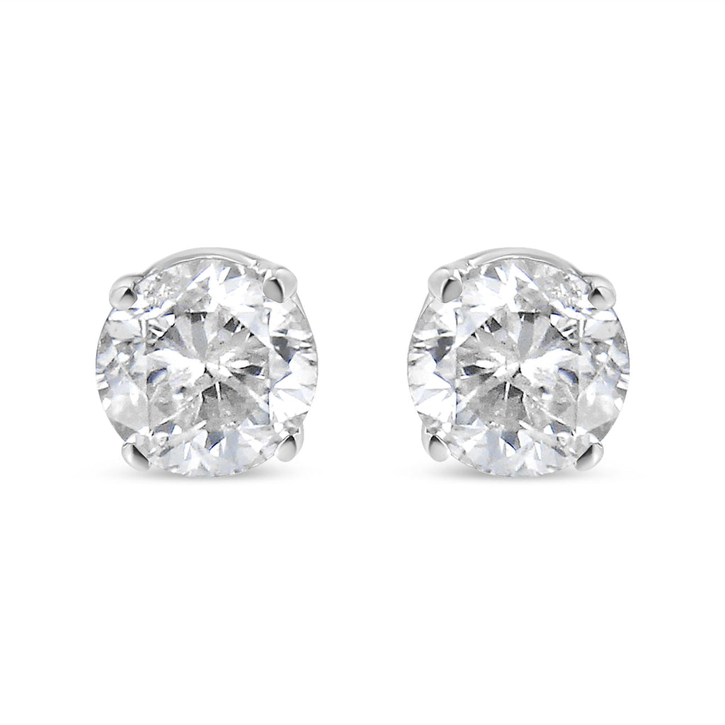 Aretes solitarios clásicos de 4 puntas en oro blanco de 14 quilates con diamantes redondos de talla brillante de 1,00 quilates y certificación IGI (color HI, claridad I1-I2) - Friggin Jewelry
