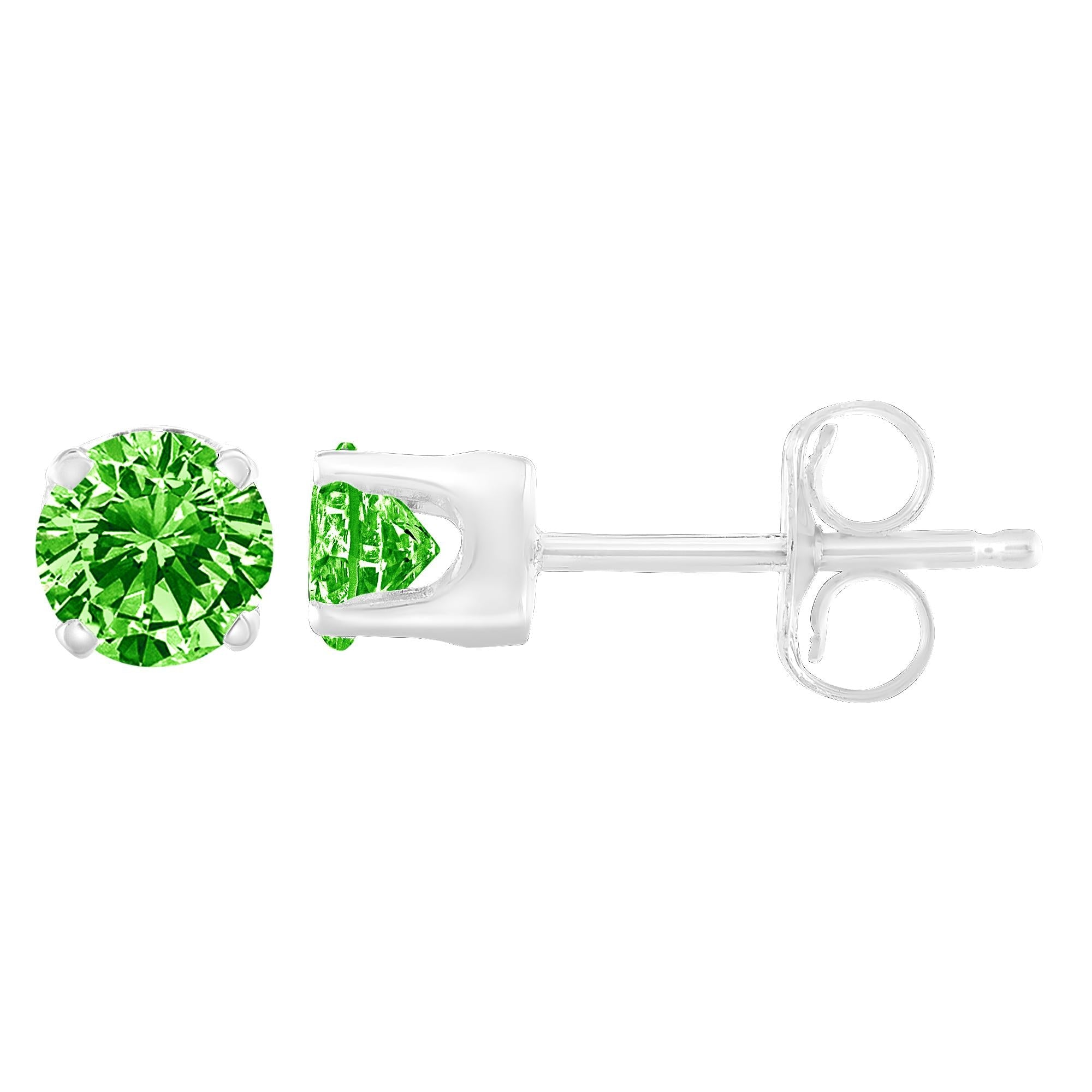 .925 Sterling Silver 1/5 Cttw Round Brilliant-Cut Green Diamond Classic 4-Prong Stud Earrings (Fancy Color-Enhanced, I2-I3 Clarity) - Friggin Jewelry