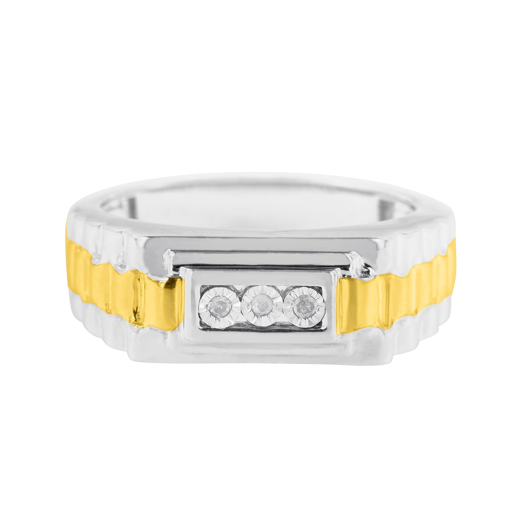 10K Yellow Gold Plated .925 Sterling Silver Diamond Accent Miracle-Set 3 Stone Ridged Band Gentlemen's Fashion Ring (I-J Color, I2-I3 Clarity) - Friggin Jewelry