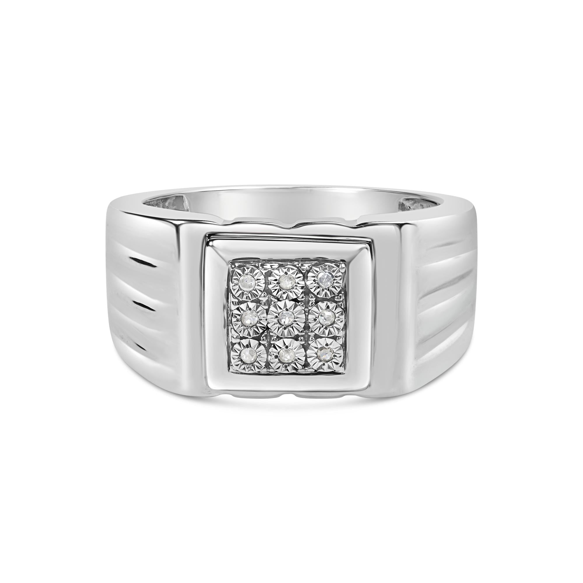 .925 Sterling Silver Diamond Accent Miracle-Set 9 Stone Ridged Band Gentlemen's Fashion Ring (I-J Color, I3 Clarity) - Size 10 - Friggin Jewelry