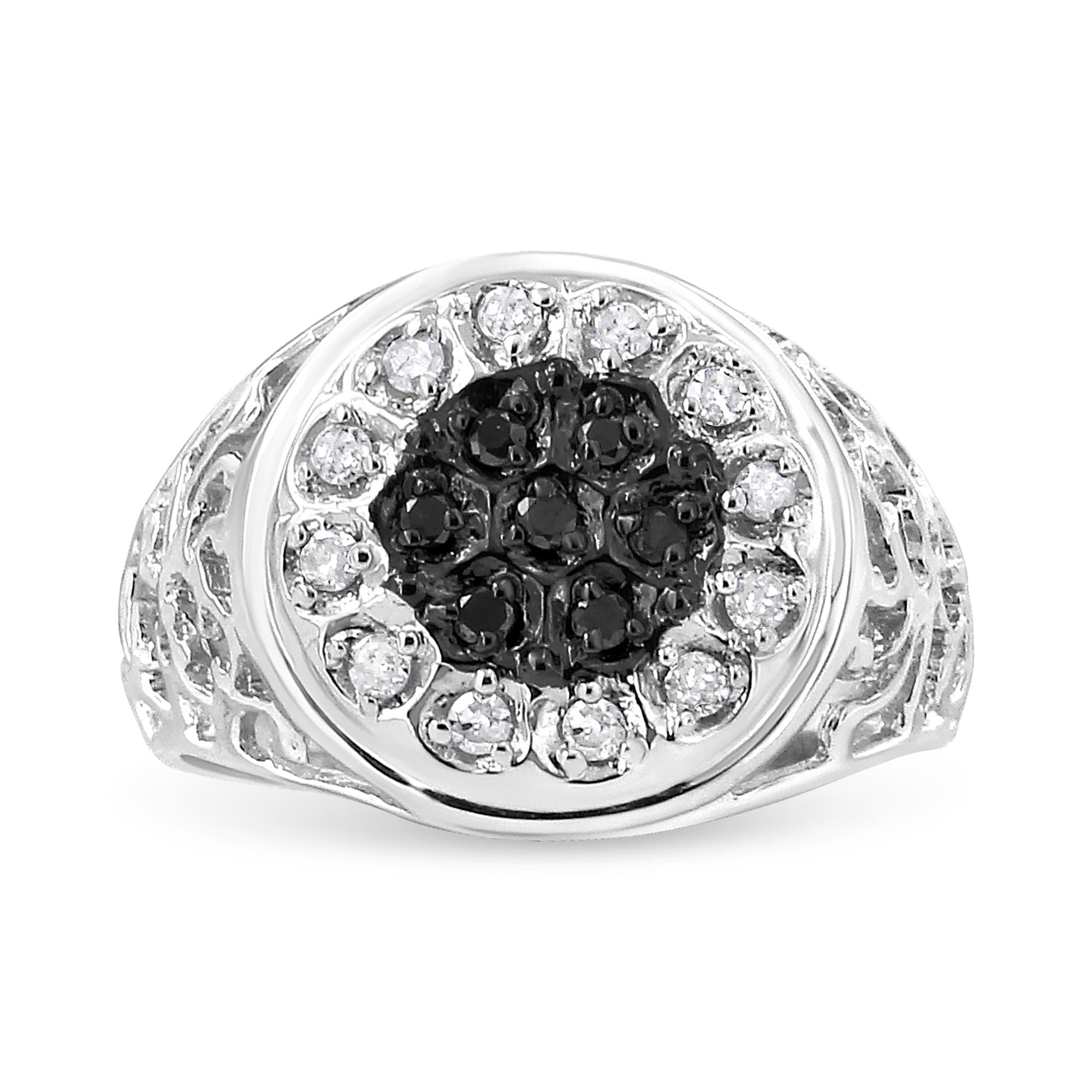 .925 Sterling Silver 1/4 Cttw White and Black Treated Diamond Halo Cluster Ring for Men (I-J Color, I3 Clarity) - Friggin Jewelry