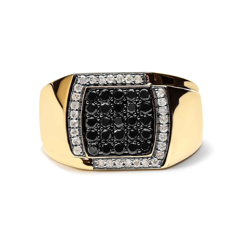 Men's 10K Yellow Gold 1.00 Cttw Cushion Cluster Black and White Diamond Statement Ring (I-J Color, I2-I3 Clarity) - Friggin Jewelry
