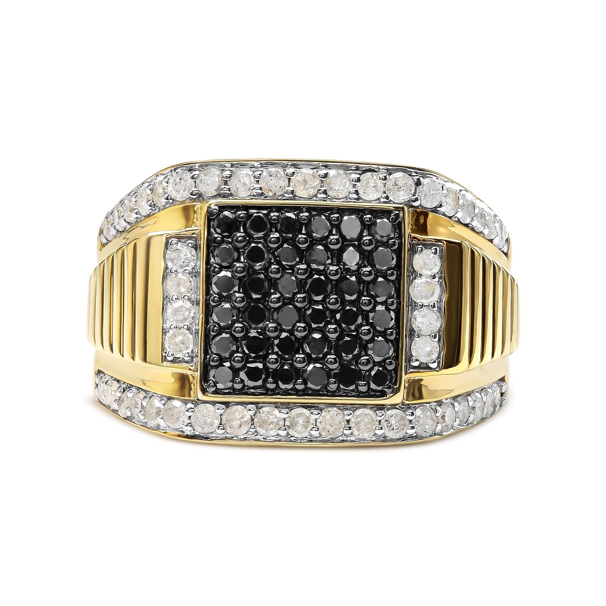 Men's 14K Yellow Gold Plated .925 Sterling Silver 1 1/2 Cttw White and Black Treated Diamond Cluster Ring (Black / I-J Color, I2-I3 Clarity) - Friggin Jewelry