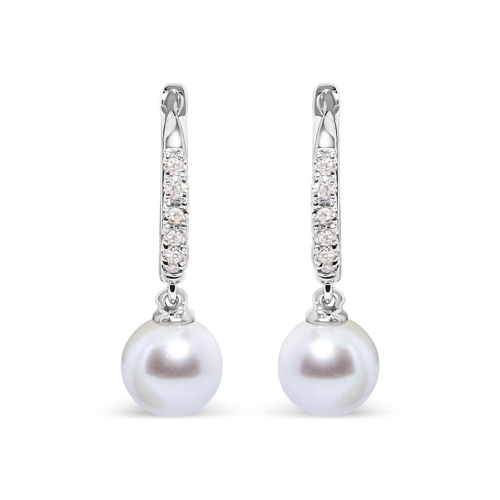 10K White Gold 6x6 MM Cultured Freshwater Pearl and Diamond Accent Drop Huggy Earring (H-I Color, I1-I2 Clarity) - Friggin Jewelry