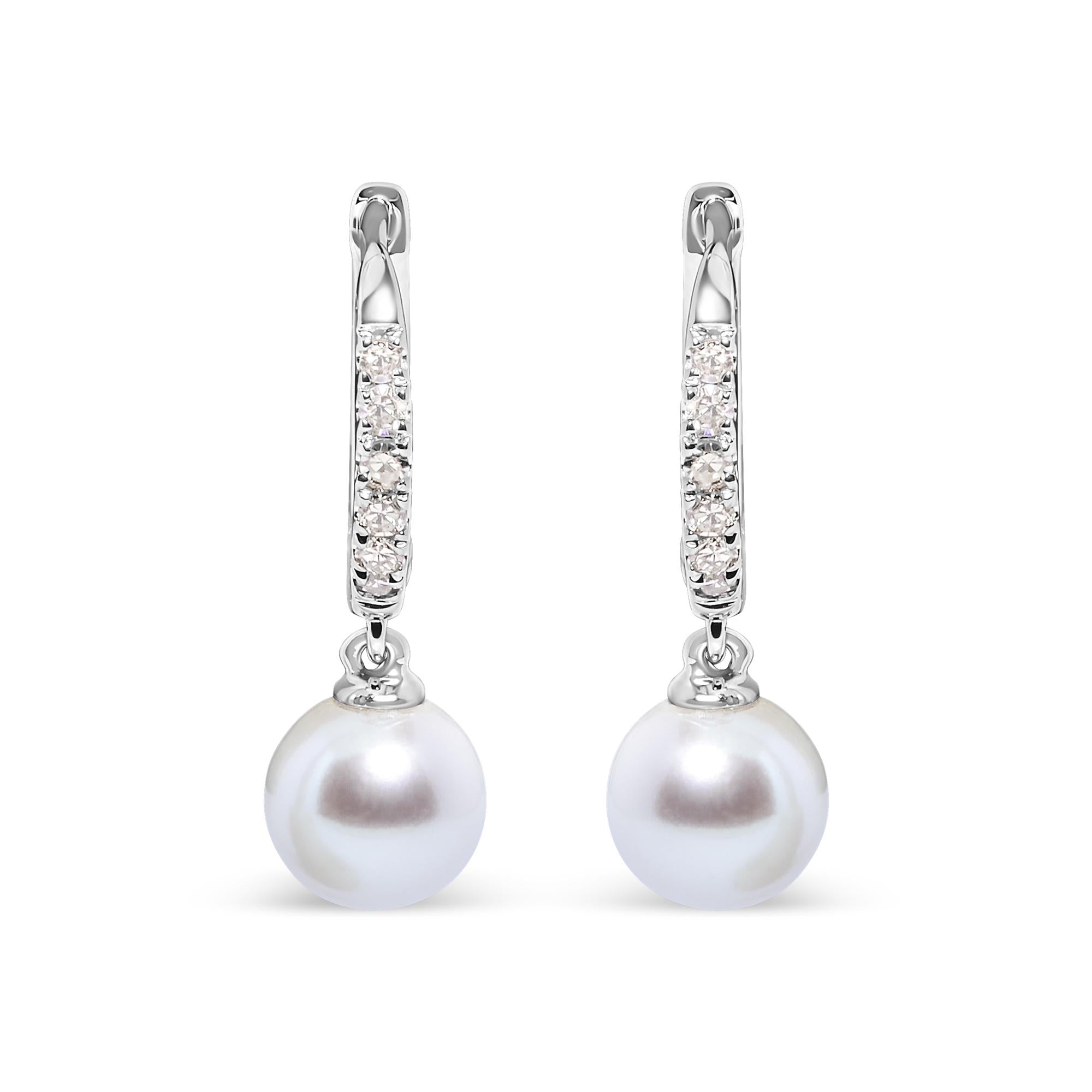 10K White Gold 6x6 MM Cultured Freshwater Pearl and Diamond Accent Drop Huggy Earring (H-I Color, I1-I2 Clarity) - Friggin Jewelry