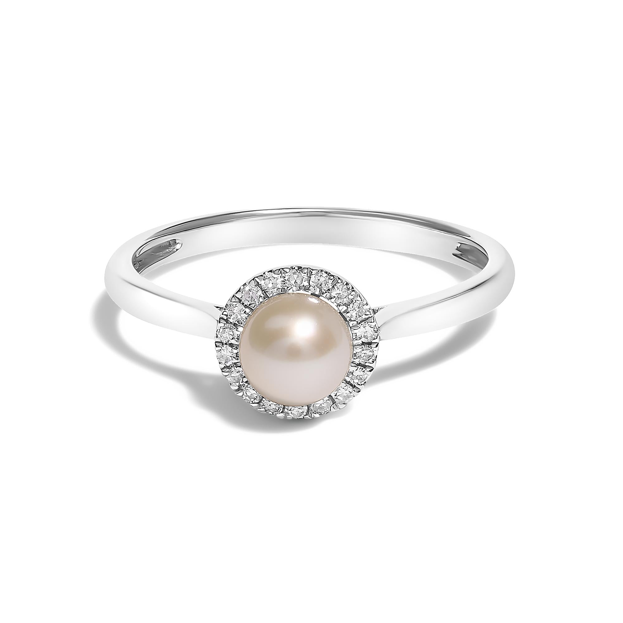 10K White Gold 5MM Cultured Freshwater Pearl  and Diamond Halo Ring (I-J Color, I1-I2 Clarity) - Friggin Jewelry