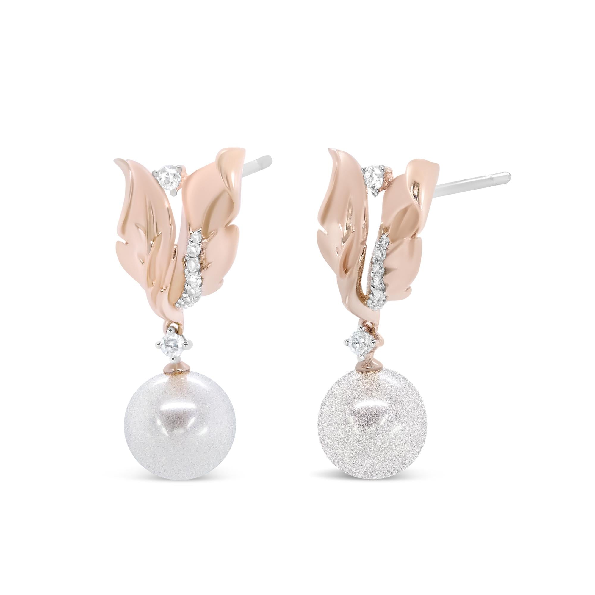 14K Rose Gold 1/6 Cttw Round Diamond and 8mm Round Pearl Floral Drop Stud Earrings (H-I Color, I1-I2 Clarity) - Friggin Jewelry