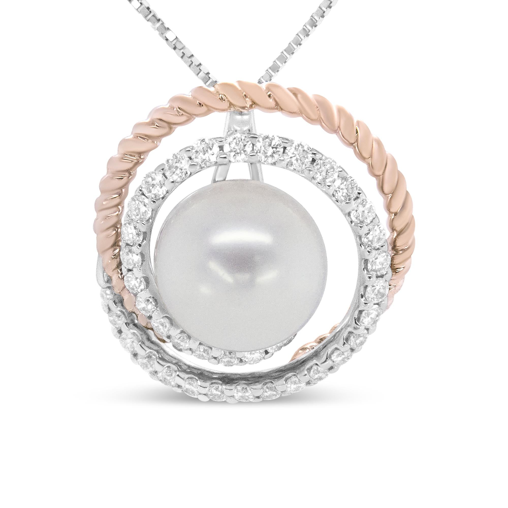 14K Rose and White Gold 3/8 Cttw Pave Diamond and 9mm Round Pearl Spiral Openwork 18" Pendant Necklace- (H-I Color, VS1-VS2 Clarity) - Friggin Jewelry Premium