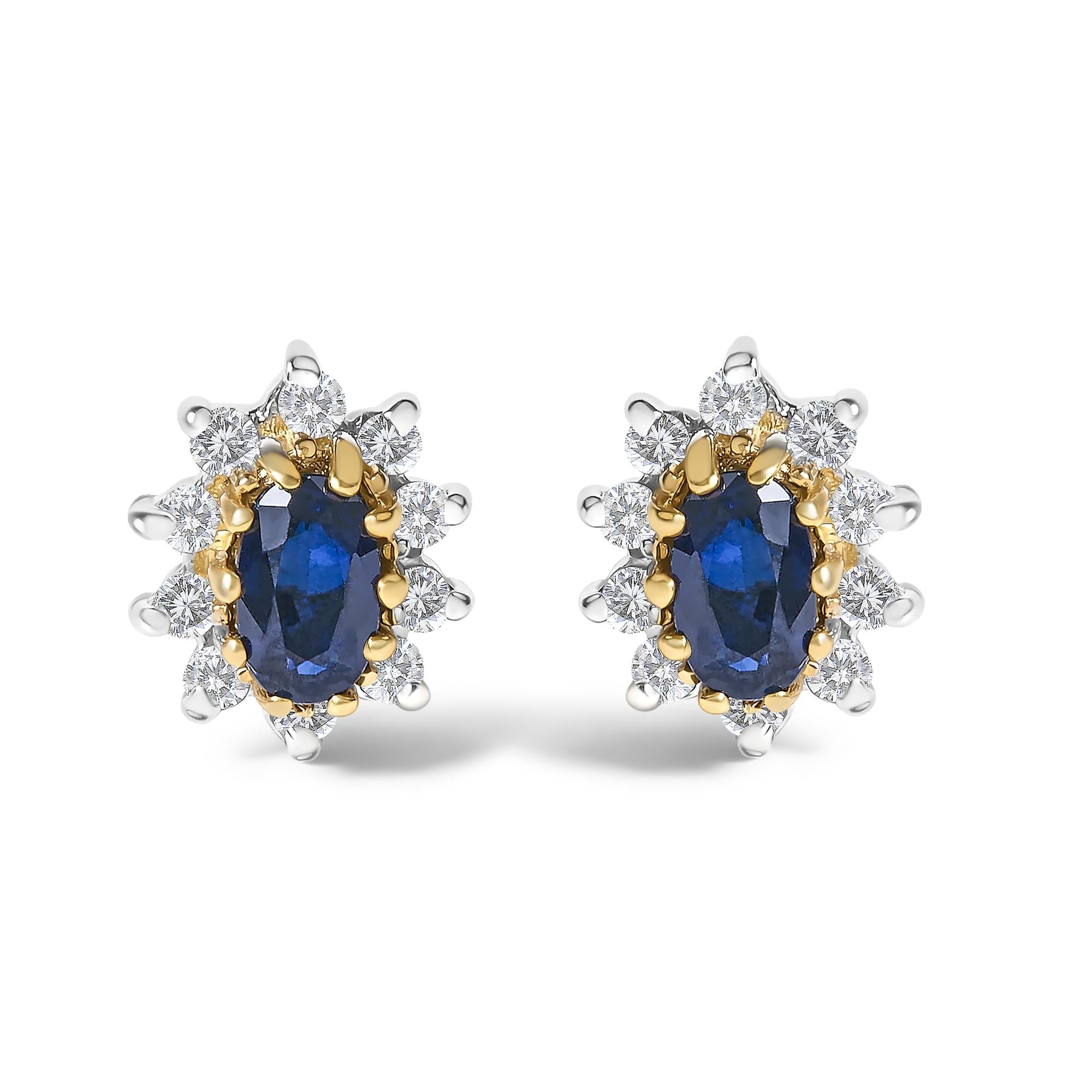 14K Yellow Gold 1/4 Cttw Diamond and Blue Sapphire Sunburst Halo Stud Earrings (K-L Color, I1-I2 Clarity) - Friggin Jewelry