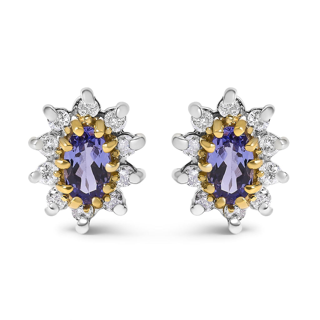 Aretes tipo botón en oro amarillo de 14 quilates con halo de tanzanita azul violeta y diamantes de 1/4 quilates (color KL, claridad I1-I2) - Friggin Jewelry