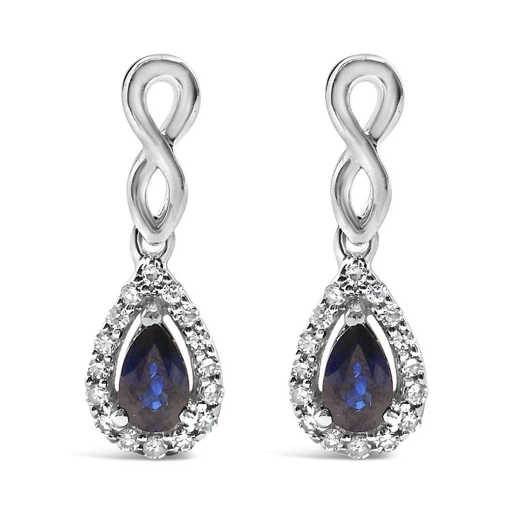 Pendientes colgantes con forma de infinito en oro blanco de 10 quilates con zafiro azul talla pera y diamantes de 1/7 quilates (color IJ, claridad I1-I2) - Friggin Jewelry