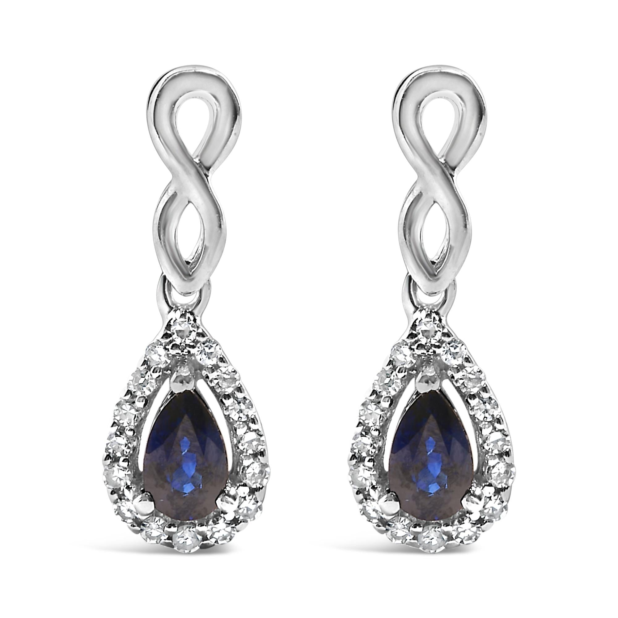 Pendientes colgantes con forma de infinito en oro blanco de 10 quilates con zafiro azul talla pera y diamantes de 1/7 quilates (color IJ, claridad I1-I2) - Friggin Jewelry