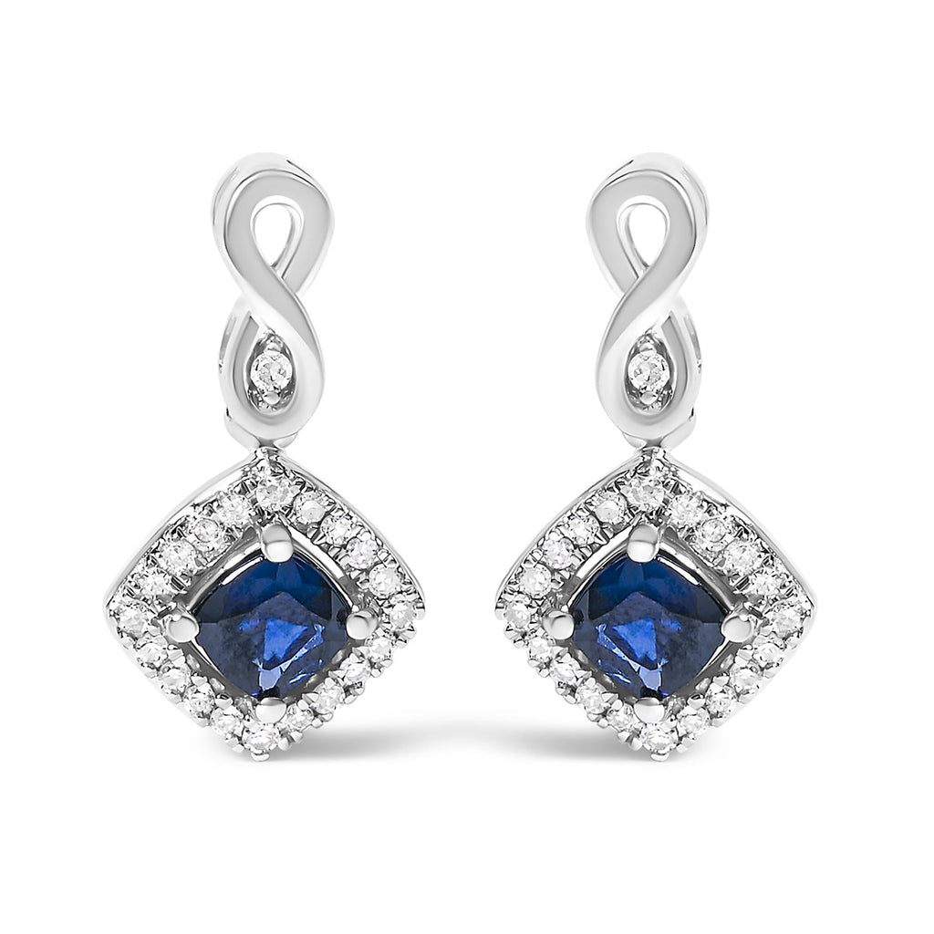 10K White Gold Blue  Sapphire and Diamond Halo Cushion Shaped Drop Earrings (I-J Color, I1-I2 Clarity) - Friggin Jewelry