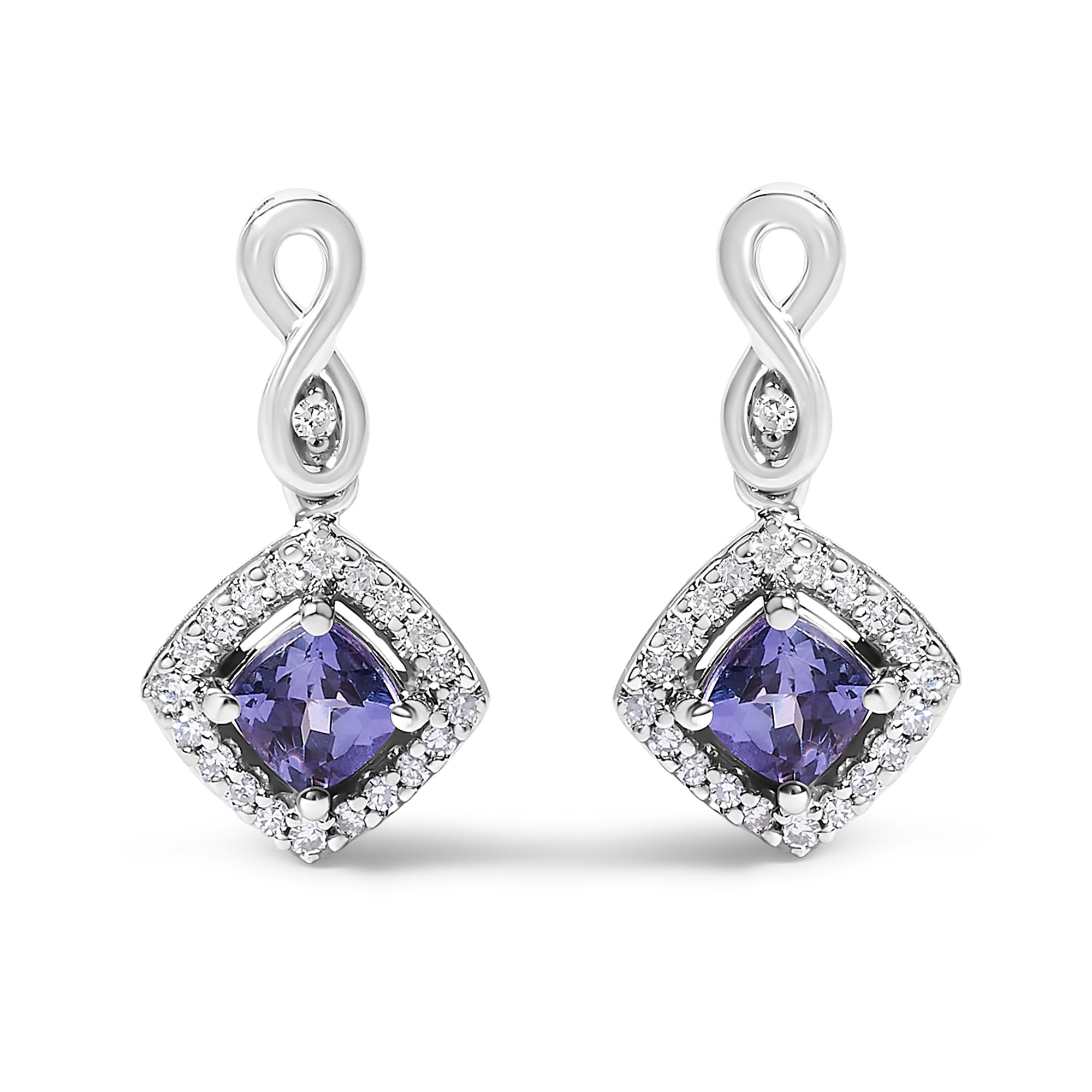 10K White Gold Blue Purple Tanzanite and Diamond Halo Cushion Shaped Drop Earrings (I-J Color, I1-I2 Clarity) - Friggin Jewelry