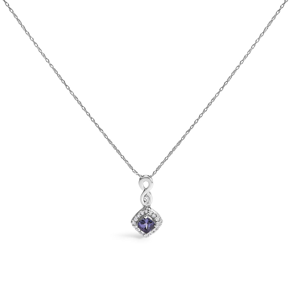 10K White Gold Blue Purple Tanzanite and Diamond Accent Cushion Drop Pendant Necklace - 18" Inches - Friggin Jewelry
