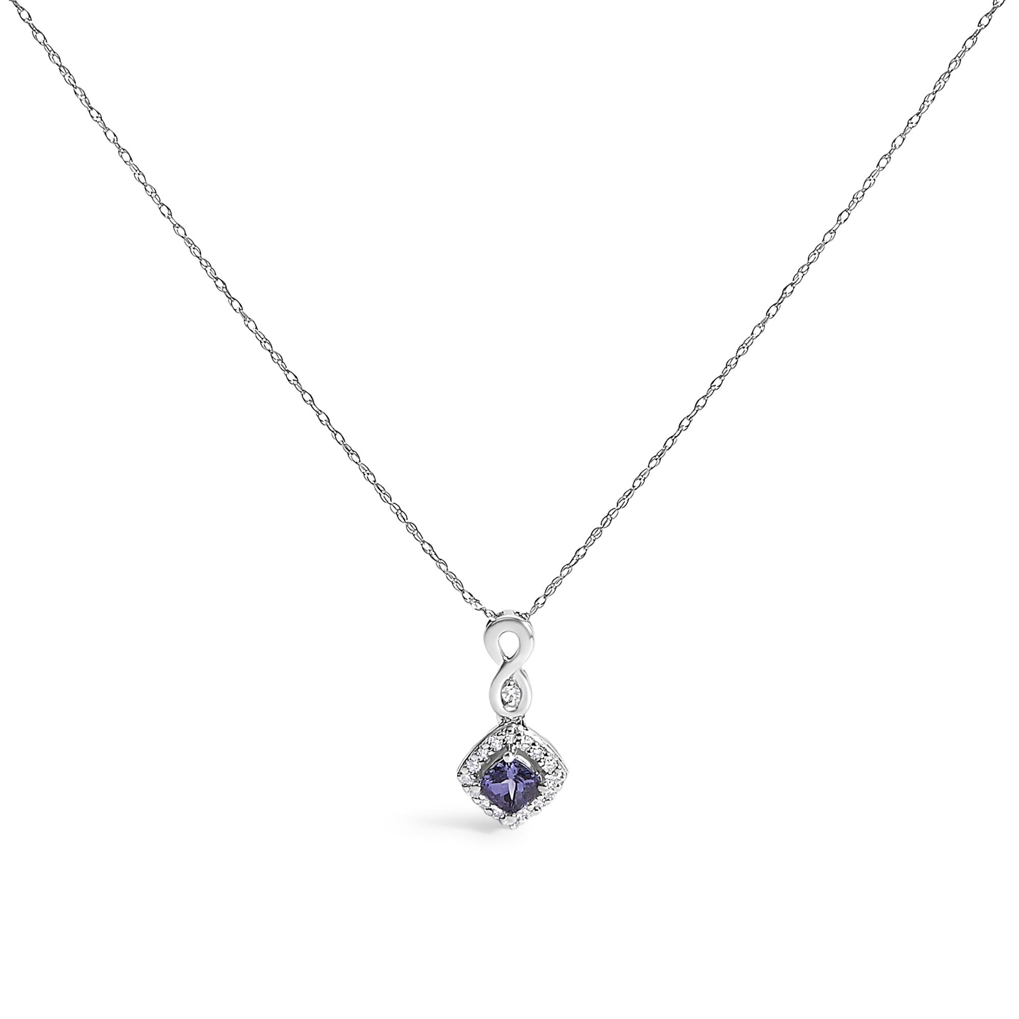 10K White Gold Blue Purple Tanzanite and Diamond Accent Cushion Drop Pendant Necklace - 18" Inches - Friggin Jewelry