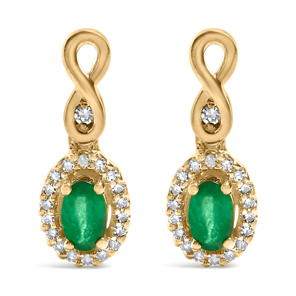 10K Yellow Gold Oval Cut Green Emerald 5x3 mm and 1/7 Cttw Round Diamond Dangle Earrings - Friggin Jewelry