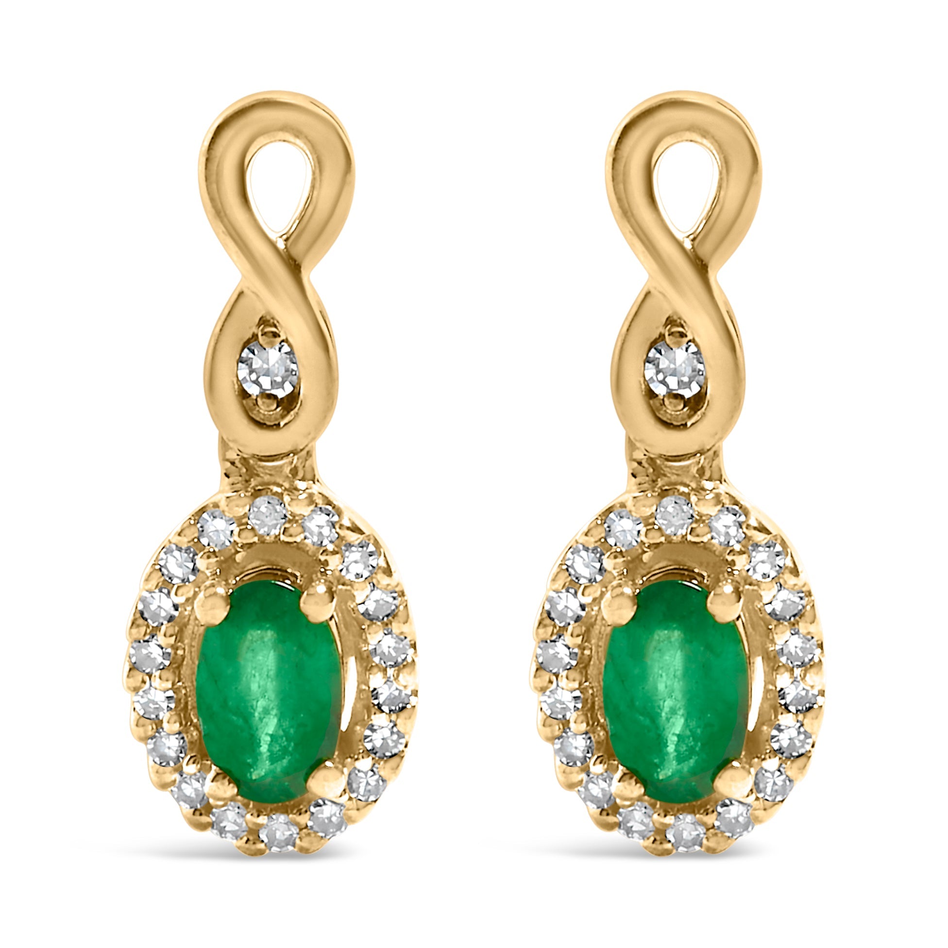 Pendientes colgantes de oro amarillo de 10 quilates con esmeralda verde de corte ovalado de 5 x 3 mm y diamantes redondos de 1/7 quilates - Friggin Jewelry