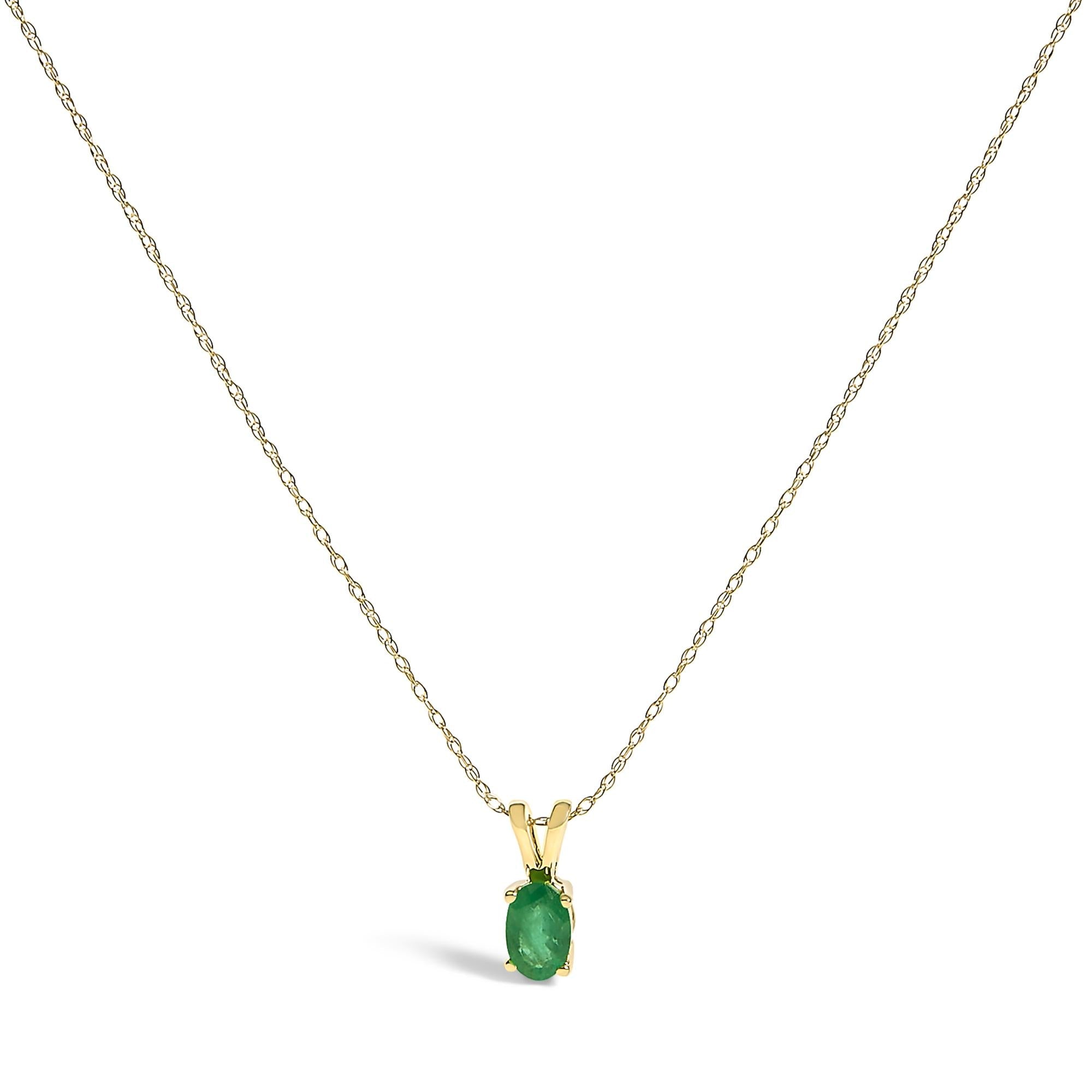 14K Yellow Gold Oval Green Emerald Solitaire Pendant Necklace - 18" Inches - Friggin Jewelry