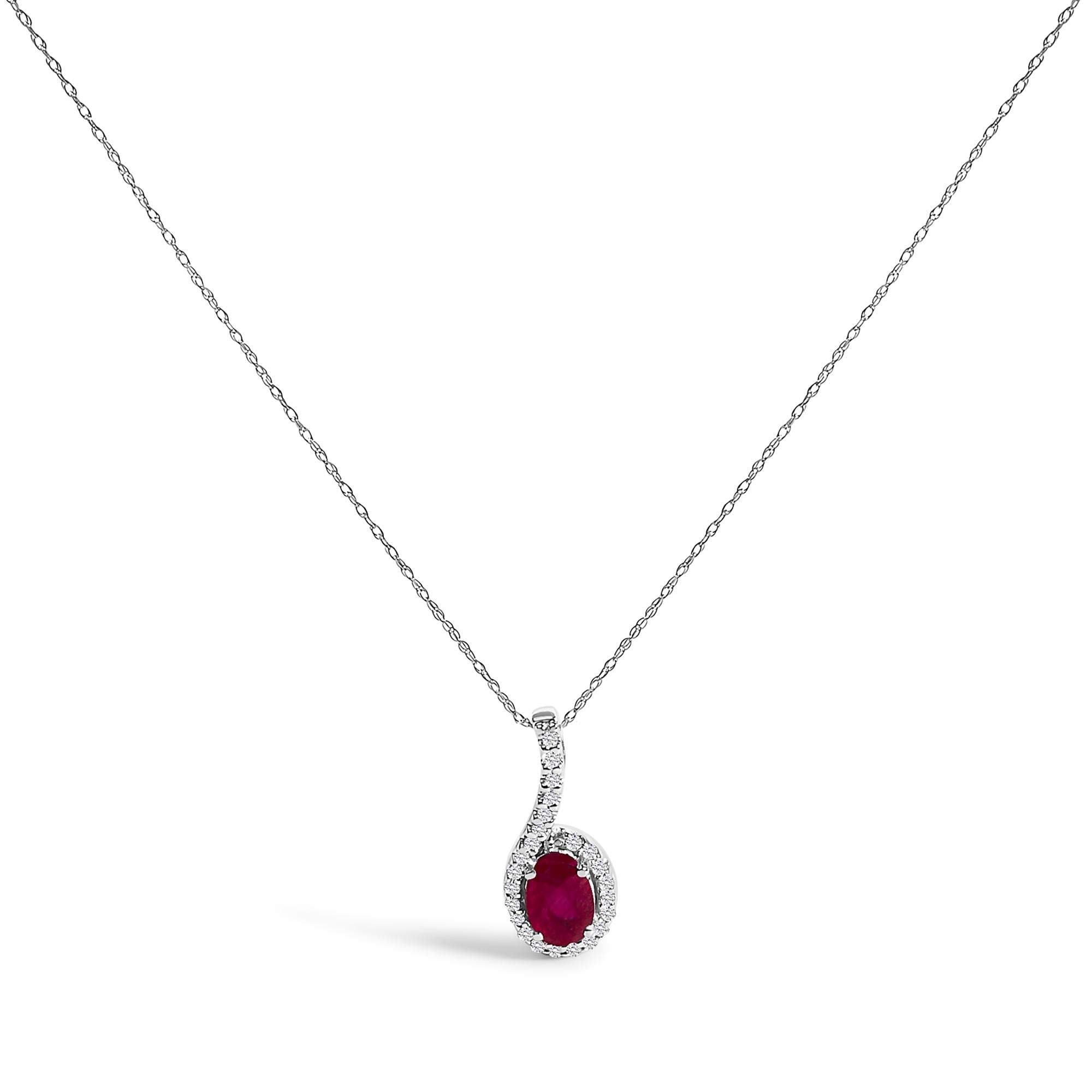 Collar con colgante en forma de lágrima de oro blanco de 10 quilates con rubí rojo y detalles de diamantes - 45,7 cm - Friggin Jewelry