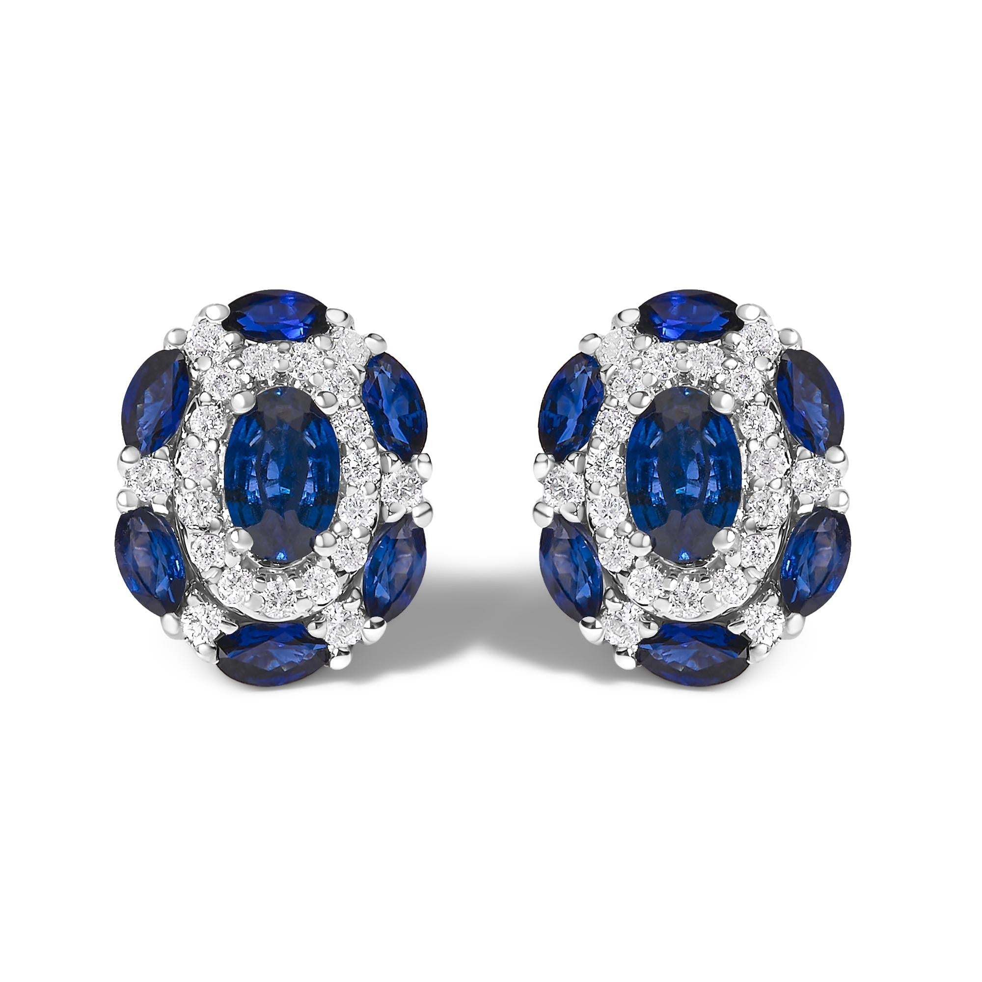 Orecchini a bottone in stile vintage in oro bianco 14 carati con zaffiri blu e diamanti (colore GH, purezza SI2-I1) - Friggin Jewelry