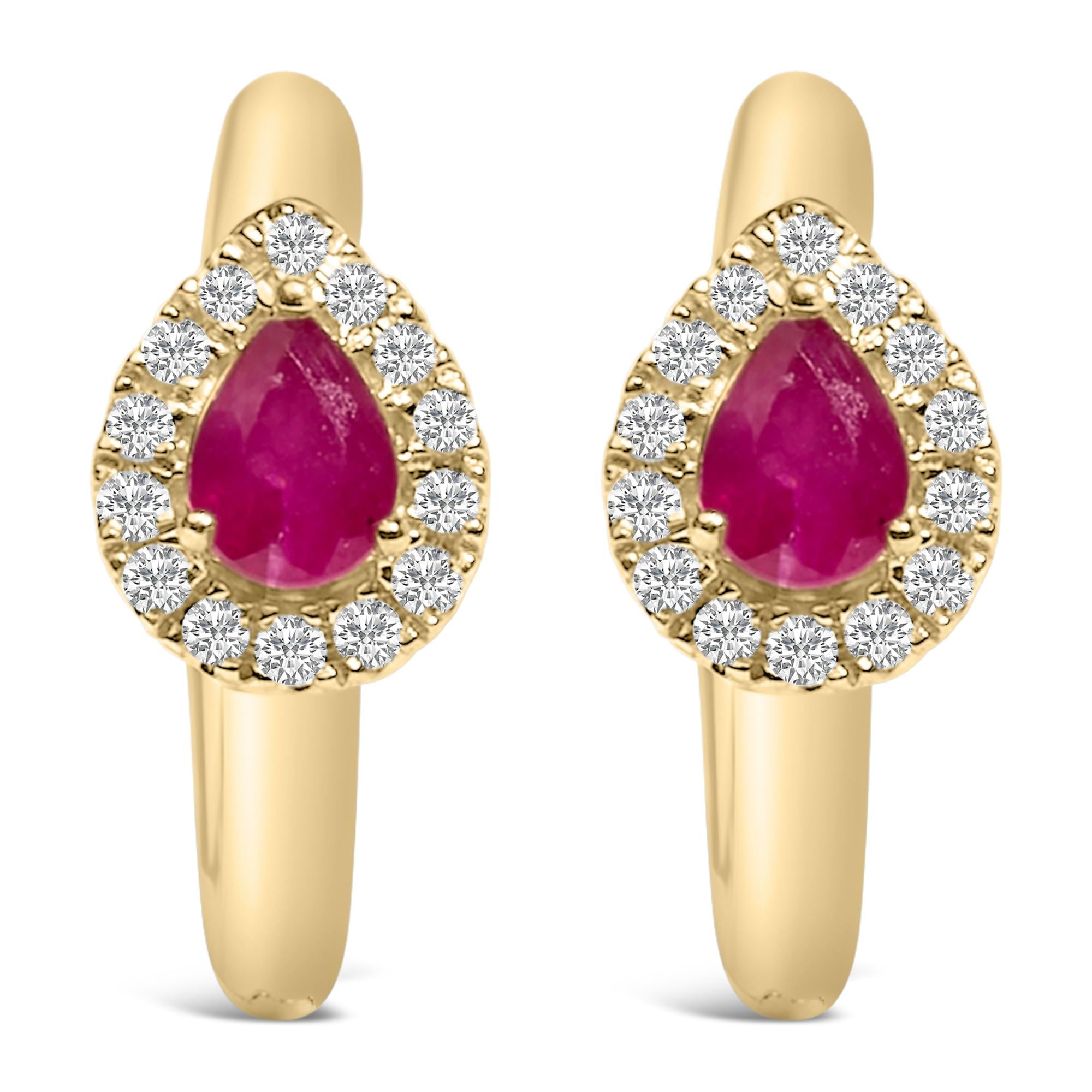 10K Yellow Gold Pear Cut Red Ruby 4x3 mm and 1/10 Cttw Round Diamond Huggy Earrings (I-J Color, I1-I2 Clarity) - Friggin Jewelry