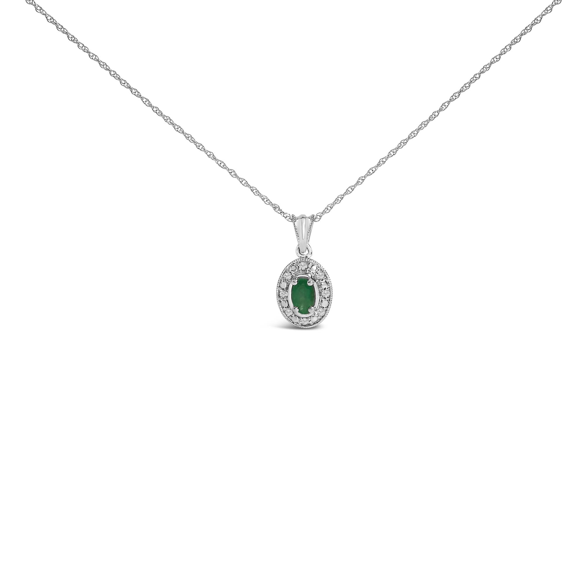 14K White Gold Oval Green Emerald and Diamond Halo Pendant Necklace - 18" Inches - Friggin Jewelry