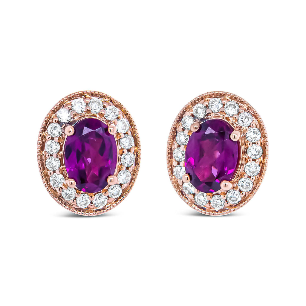 14K Rose Gold 7x5mm Oval Cut Garnet and 3/8 Cttw Round Diamond Halo Stud Earrings (G-H Color, SI1-SI2 Clarity) - Friggin Jewelry