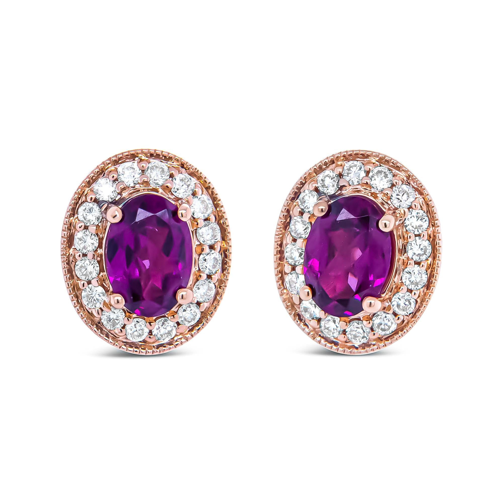 14K Rose Gold 7x5mm Oval Cut Garnet and 3/8 Cttw Round Diamond Halo Stud Earrings (G-H Color, SI1-SI2 Clarity) - Friggin Jewelry