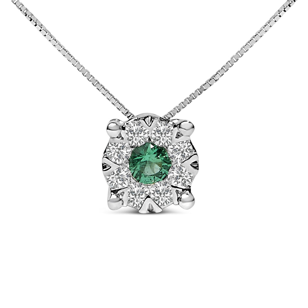 14K White Gold 3.8 MM Green Emerald and 1/3 Cttw Diamond Composite Halo 18" Pendant Necklace (F-G Color, VS2-SI1 Clarity) - Friggin Jewelry Premium