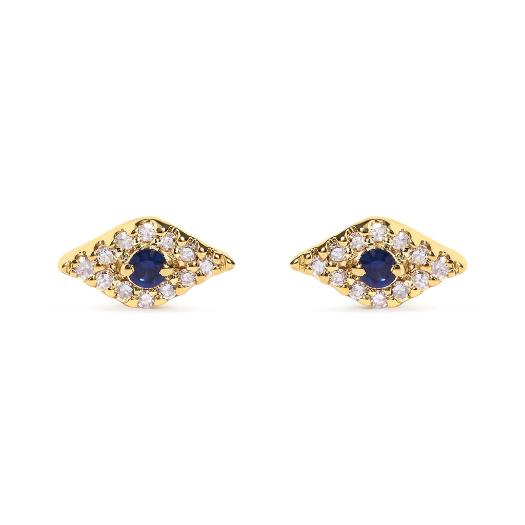 10K Yellow Gold Blue Sapphire and Diamond Accent Evil Eye Stud Earring (H-I Color, I1-I2 Clarity) - Friggin Jewelry