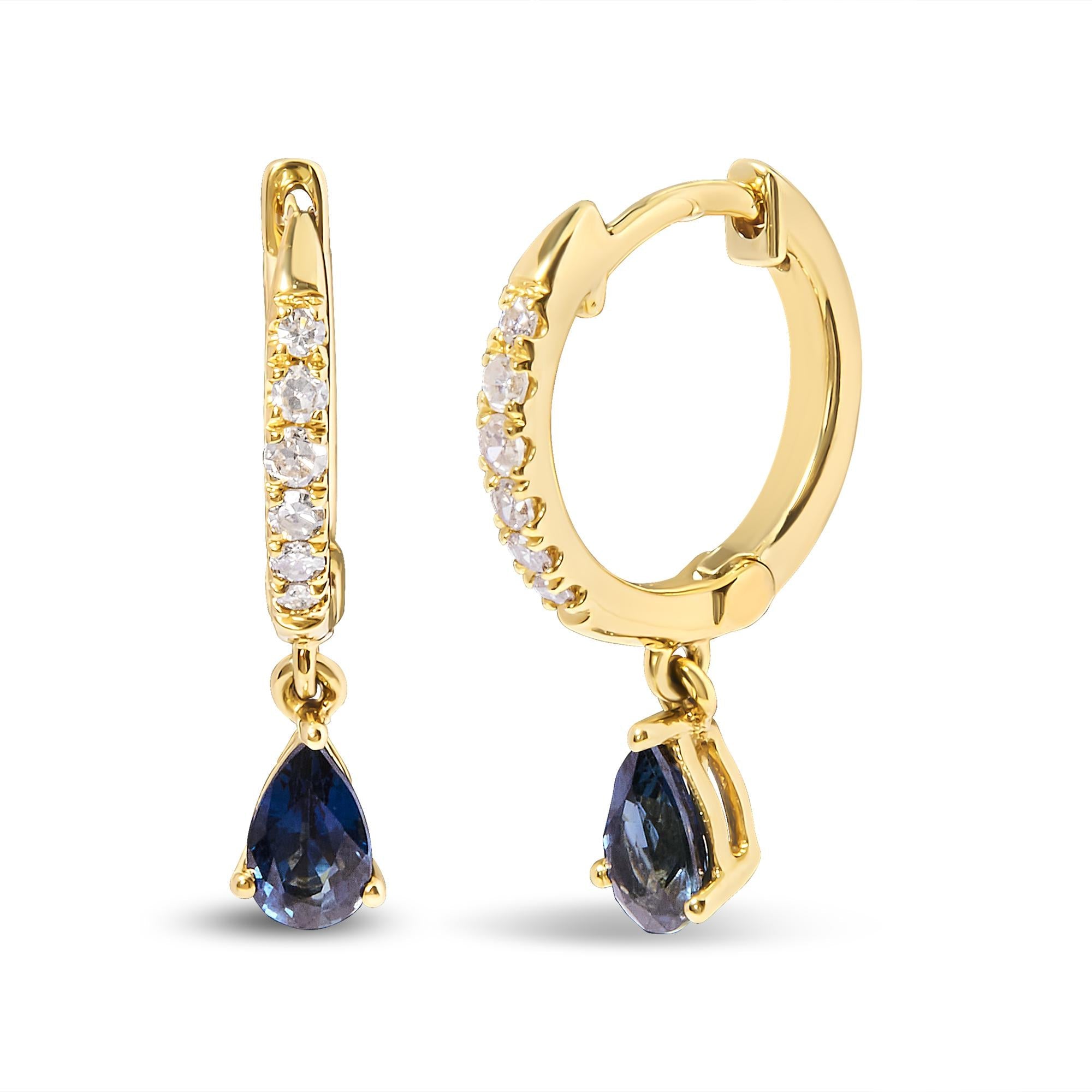 10K Yellow Gold Pear Blue Sapphire and 1/10 Cttw Diamond Drop and Dangle Huggy Hoop Earrings (H-I Color, I1-I2 Clarity) - Friggin Jewelry