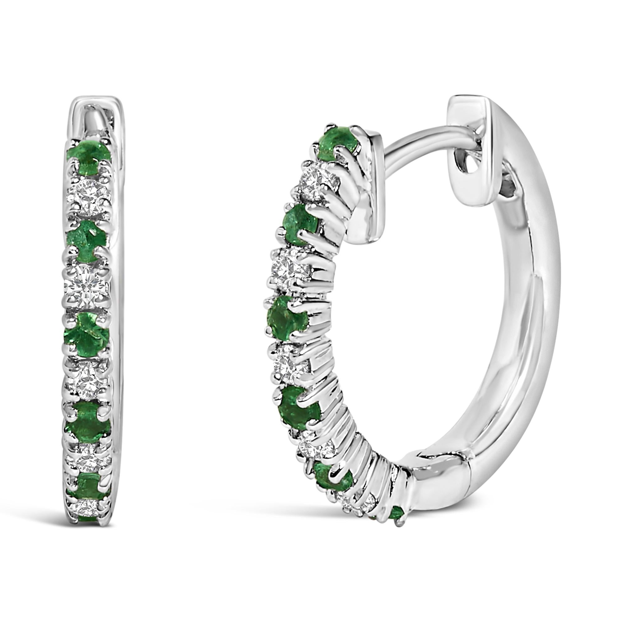 10K White Gold Alternating Emerald 1/10 Cttw Diamond Huggy Hoop Earrings (I-J Color, I1-I2 Clarity) - Friggin Jewelry