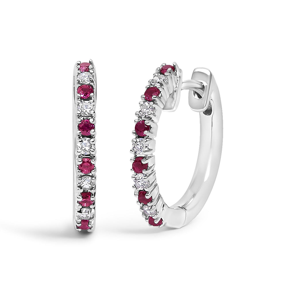 10K Gold Alternating Diamond and Red Ruby Huggy Hoop Earrings - Friggin Jewelry