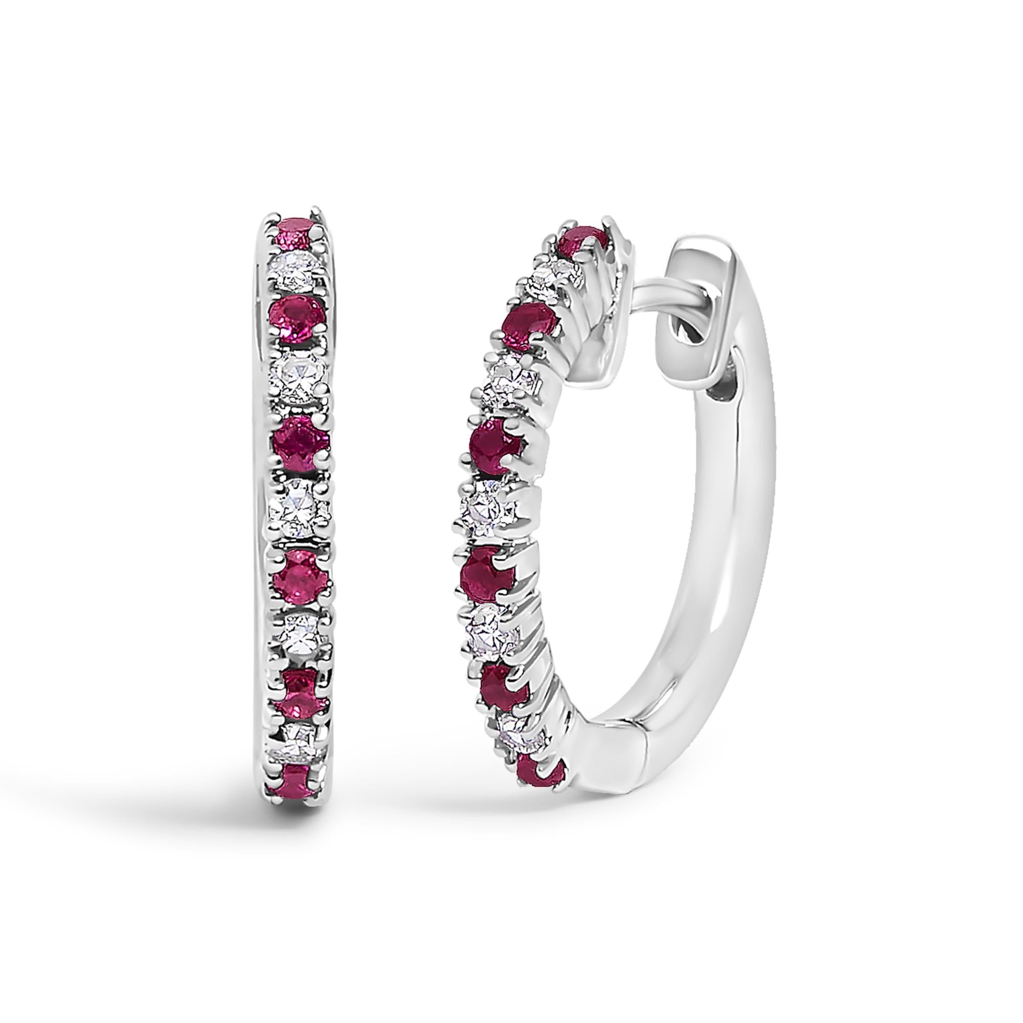 10K Gold Alternating Diamond and Red Ruby Huggy Hoop Earrings - Friggin Jewelry