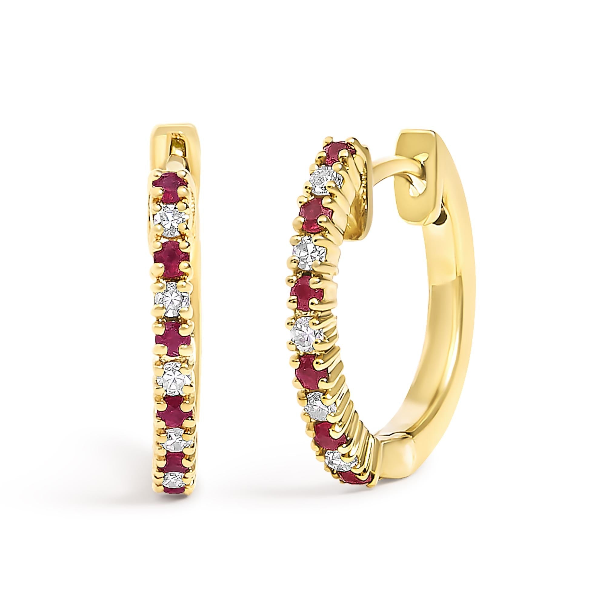 10K Gold Alternating Diamond and Red Ruby Huggy Hoop Earrings - Friggin Jewelry