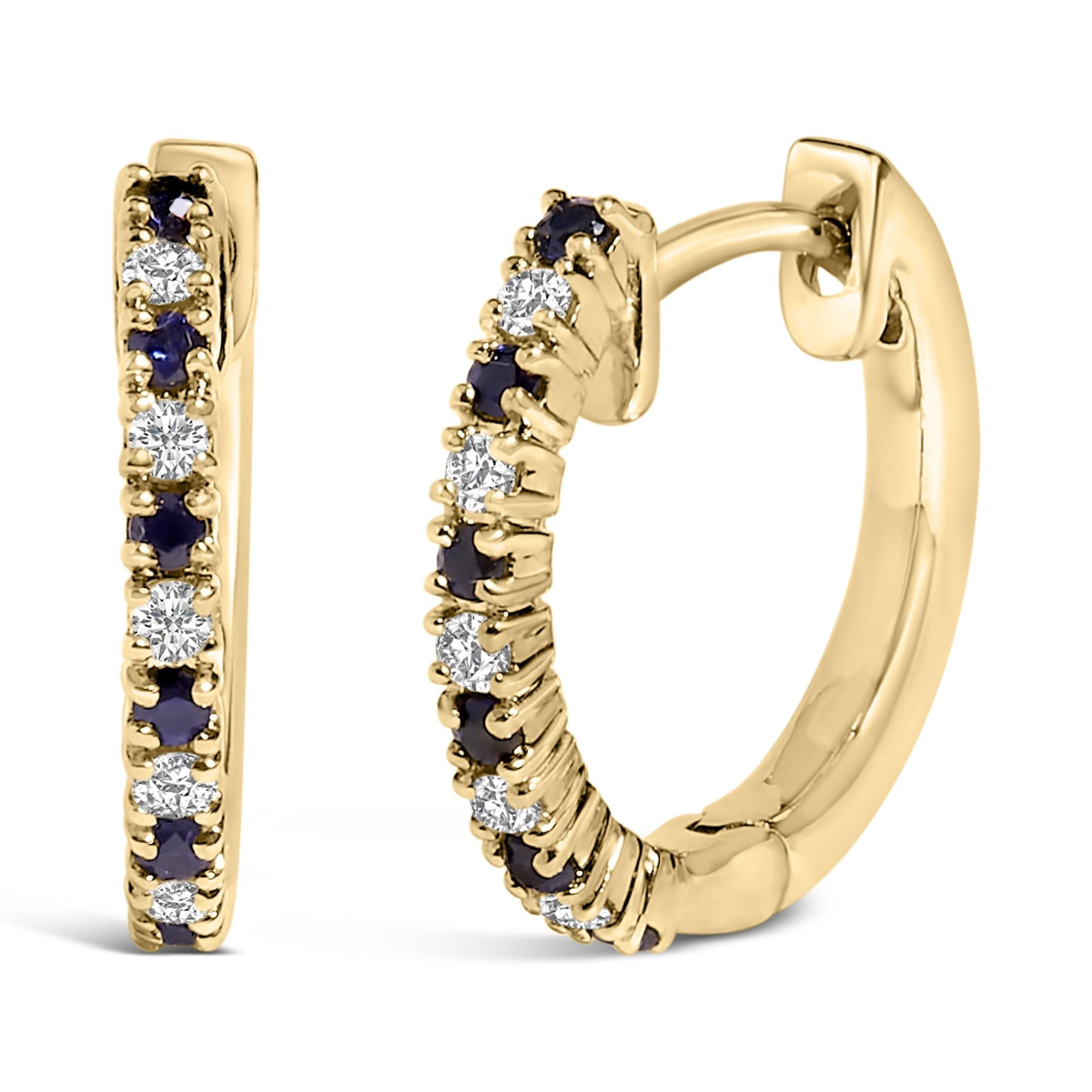 10K Yellow Gold Alternating Blue Sapphire 1/10 Cttw Diamond Huggy Hoop Earrings  (I-J Color, I1-I2 Clarity) - Friggin Jewelry