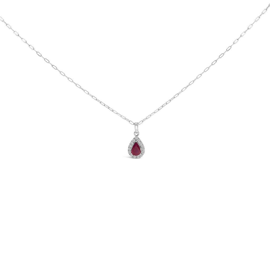Collana con ciondolo a forma di pera in oro bianco 14 carati, 6x4, con rubino rosso e diamanti - 18 pollici - Friggin Jewelry