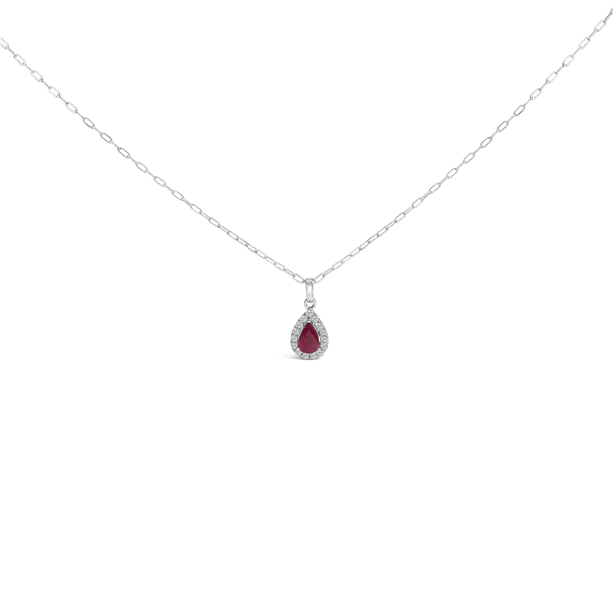 14K White Gold 6x4 Pear Red Ruby and Diamond Halo Pendant Necklace - 18" Inches - Friggin Jewelry