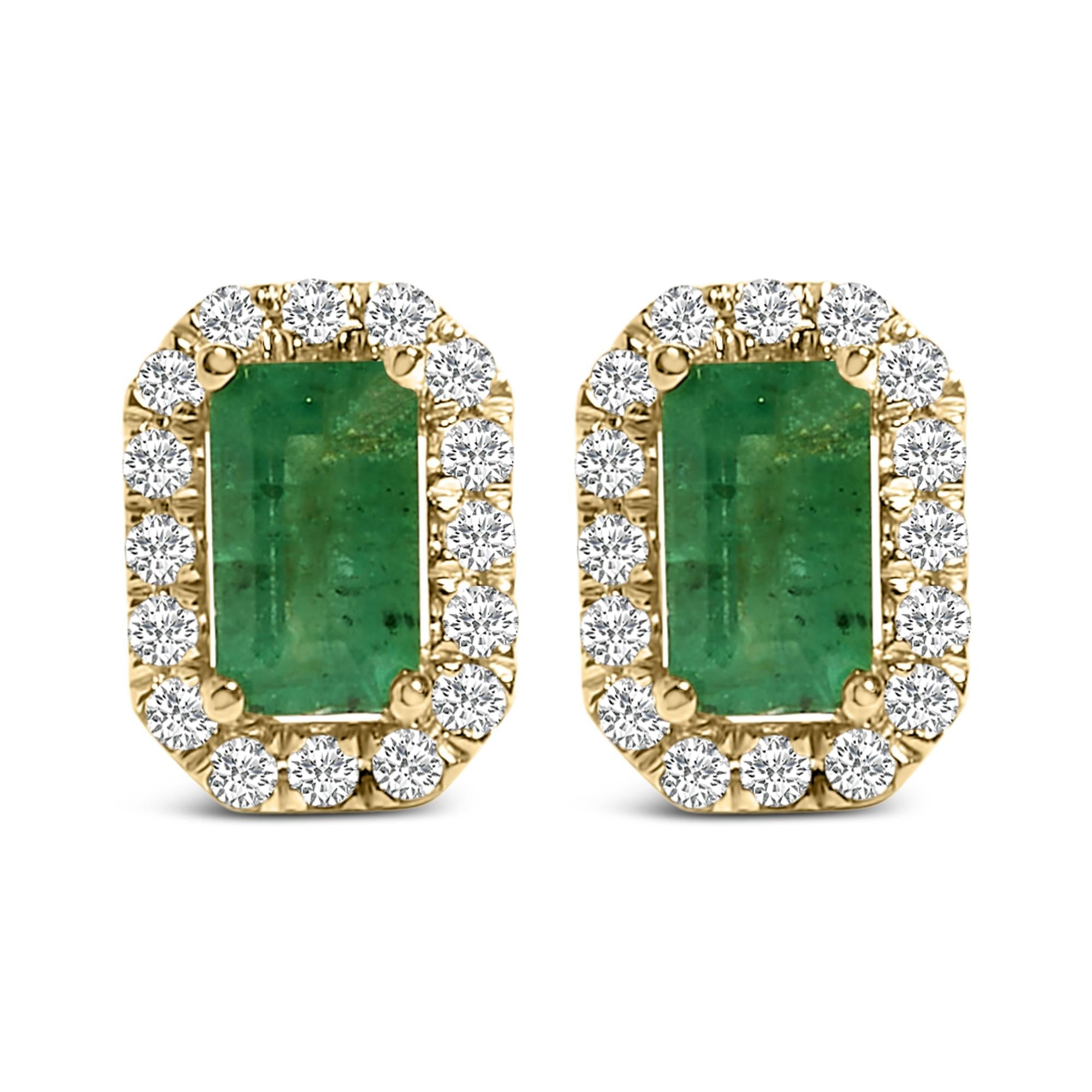 14K Yellow Gold Green Emerald and 1/8 Cttw Diamond Halo Octagonal Shaped Stud Earrings  (I-J Color, I1-I2 Clarity) - Friggin Jewelry