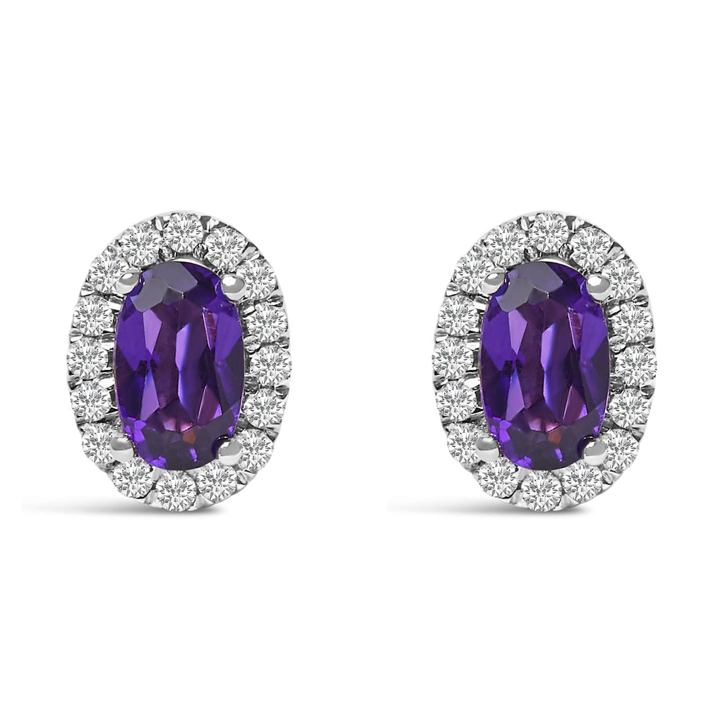 Orecchini a bottone con alone di diamanti e pietra portafortuna taglio ovale da 5x3 mm in oro bianco 10 carati (colore IJ, purezza I1-I2) - Friggin Jewelry