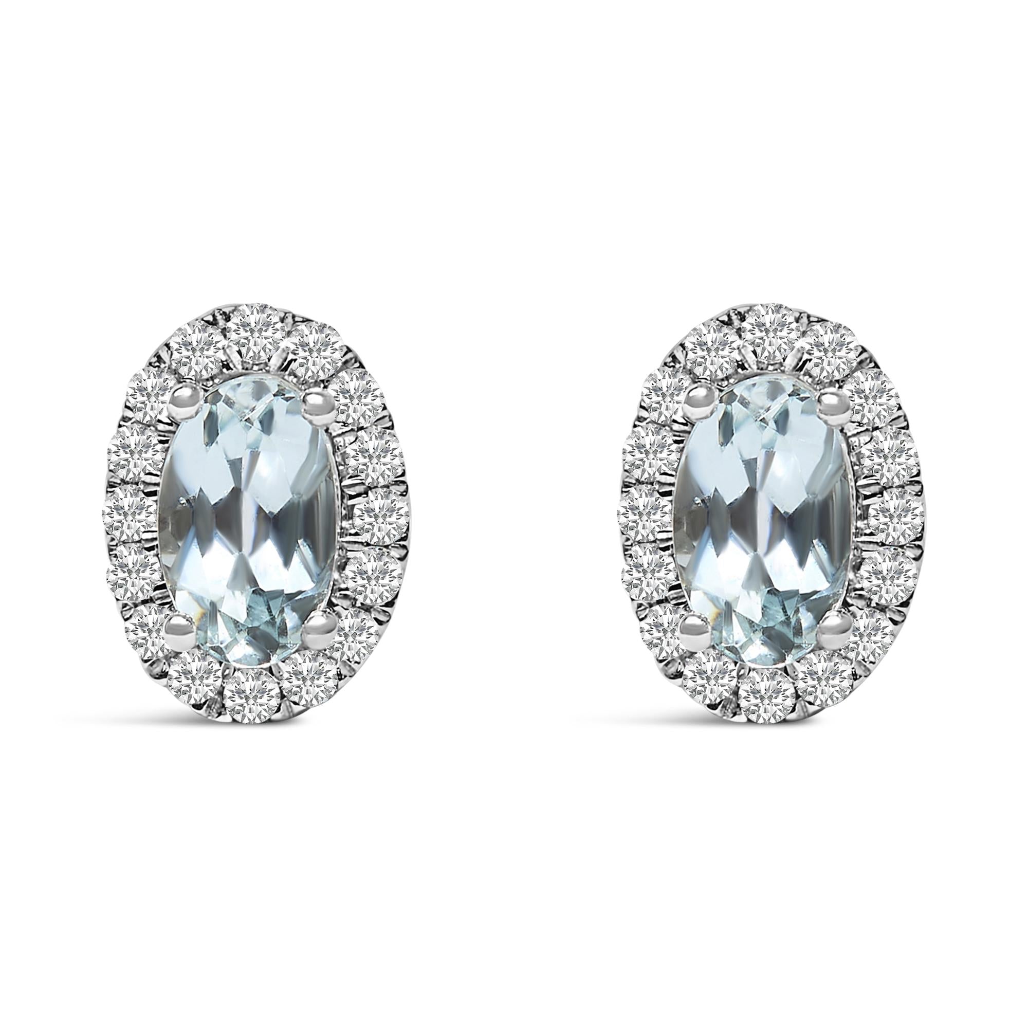 Orecchini a bottone con alone di diamanti e pietra portafortuna taglio ovale da 5x3 mm in oro bianco 10 carati (colore IJ, purezza I1-I2) - Friggin Jewelry